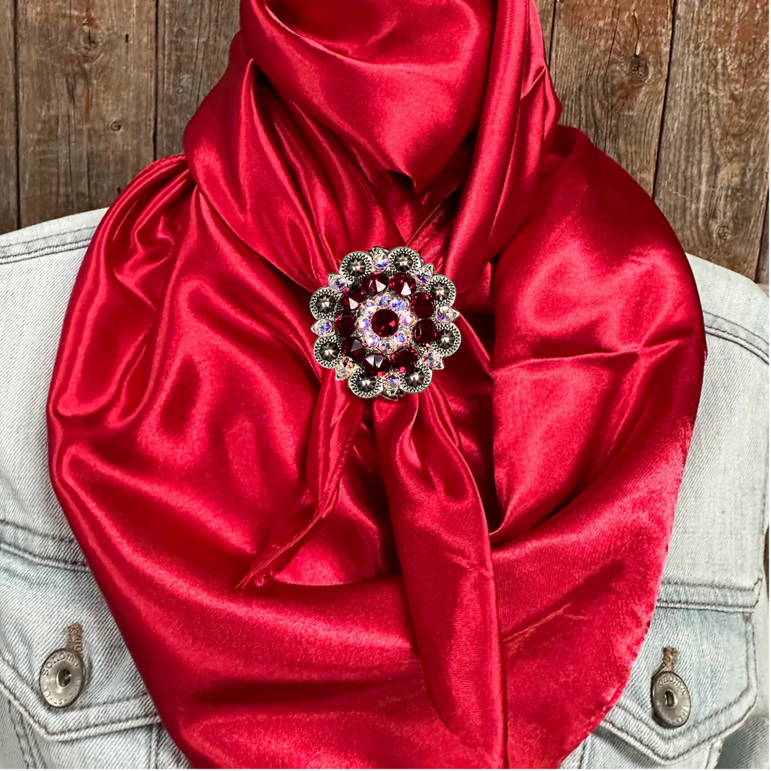 35X35 Solid Electric Red Wild Rag Scarf with Crystal Concho Slides - Western Cowboy Bandana for Men & Women - Perfect for Rodeo, Horse Riding, and Outdoor Adventures