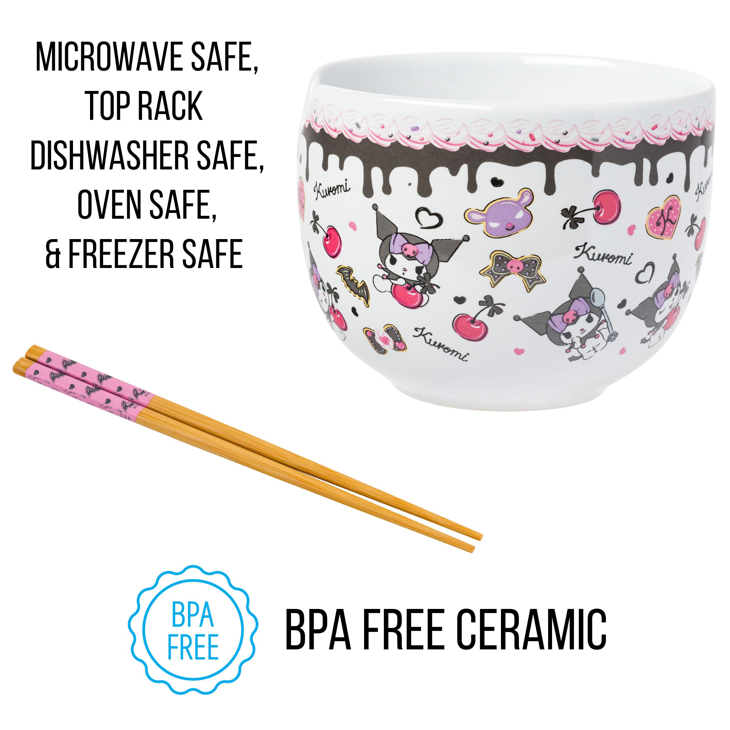 Sanrio Hello Kitty & Friends Kuromi Chocolate Cherry Ceramic Ramen Bowl - 20oz Microwave Safe Noodle Rice Dish with Chopsticks | Cute Anime Dinnerware for Home, Office & Gift