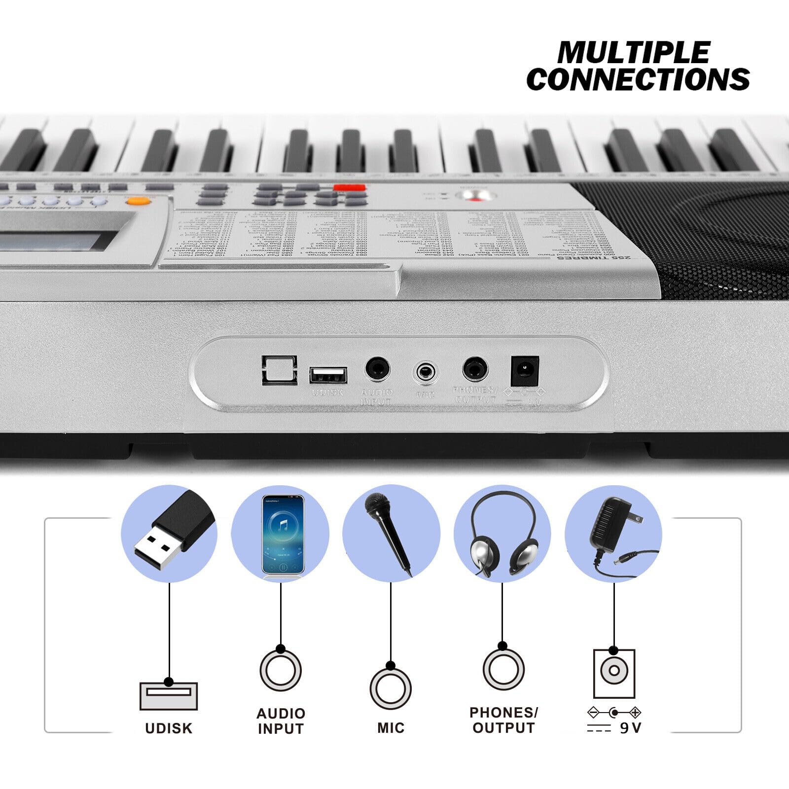 **MUSTAR 61-Key Light-Up Electric Keyboard Piano with Stand, Headphones & Microphone – Beginner Digital Piano with LCD Screen – Perfect for Learning, Holiday & Birthday Gifts (Silver)** – Ideal for Home Practice, Music Lessons & Live Performances