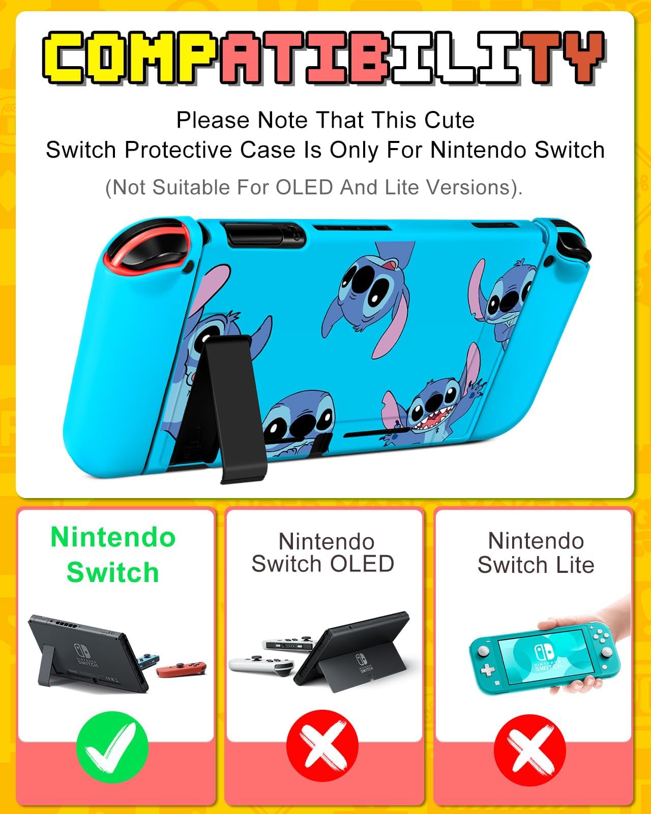Nintendo Switch 9-in-1 Accessories Kit with Travel Case, Protective Cover, Game Holder, Strap, Stickers & Joycon Shells - Perfect for Kids & Travel | Cute Stit Design for Boys & Girls