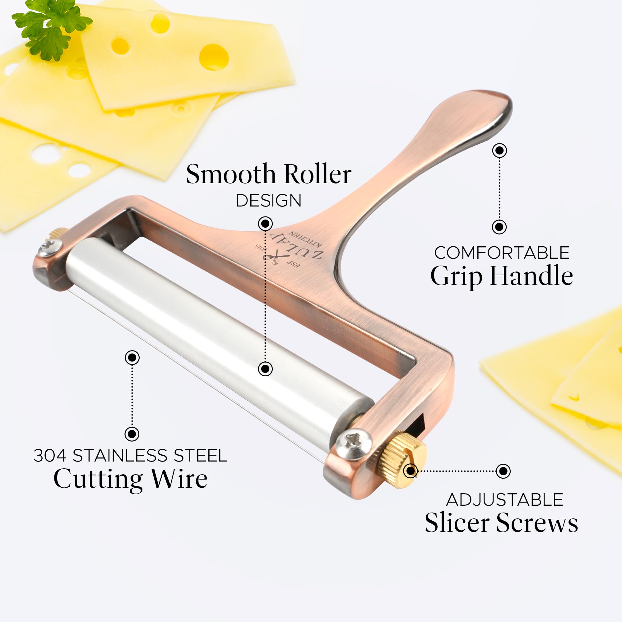 Zulay Adjustable Thickness Cheese Slicer - Heavy Duty Wire Cheese Cutter for Mozzarella, Cheddar, Gouda & Block Cheese - Includes 2 Extra Copper Wires - Perfect for Kitchen, Deli, Party Platters & Charcuterie Boards