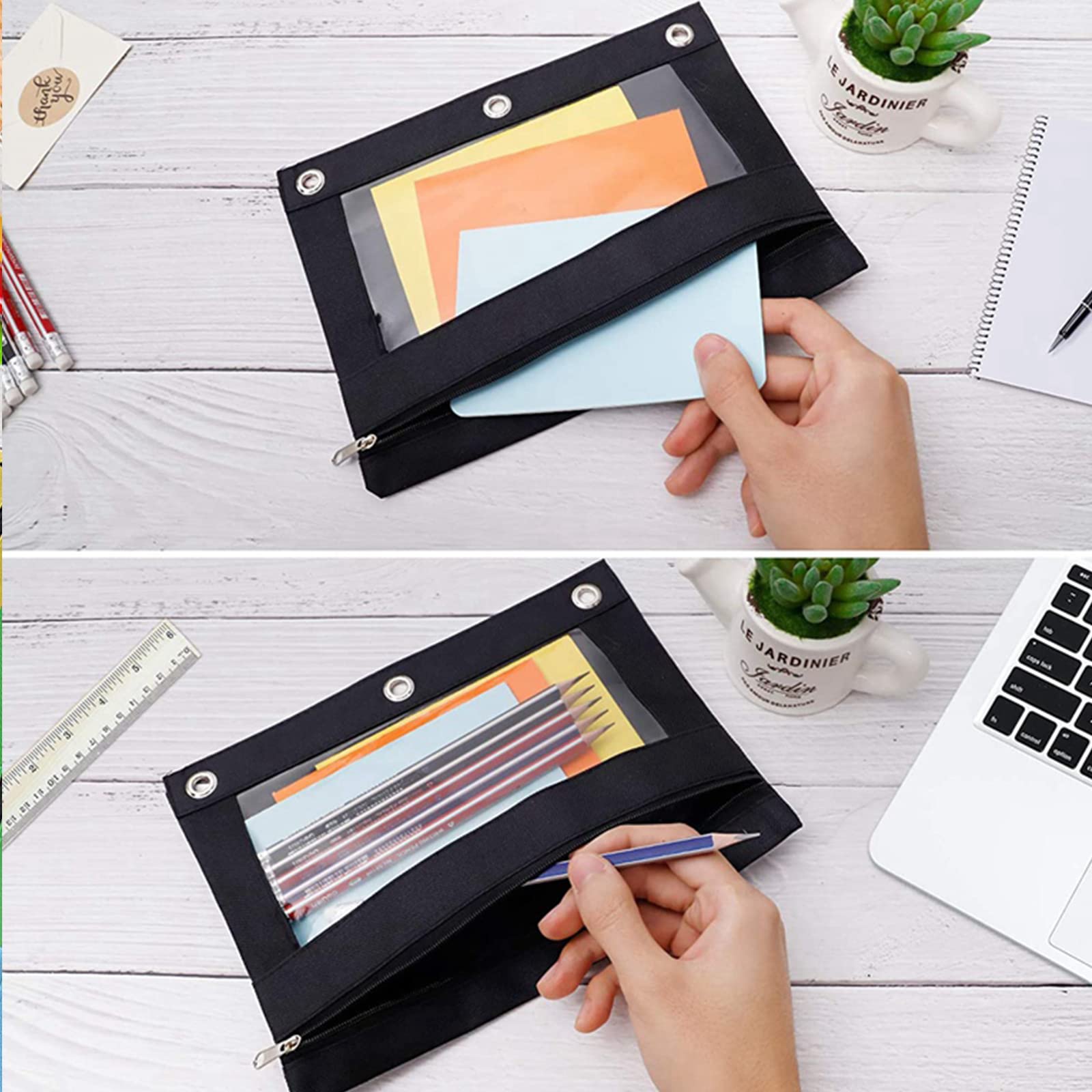 3 Ring Zipper Pencil Pouch - 2 Pack Black Binder Pencil Case for School & Office Supplies | Perfect for Organizing Pens, Makeup & Small Essentials in Binders, Backpacks or Desk