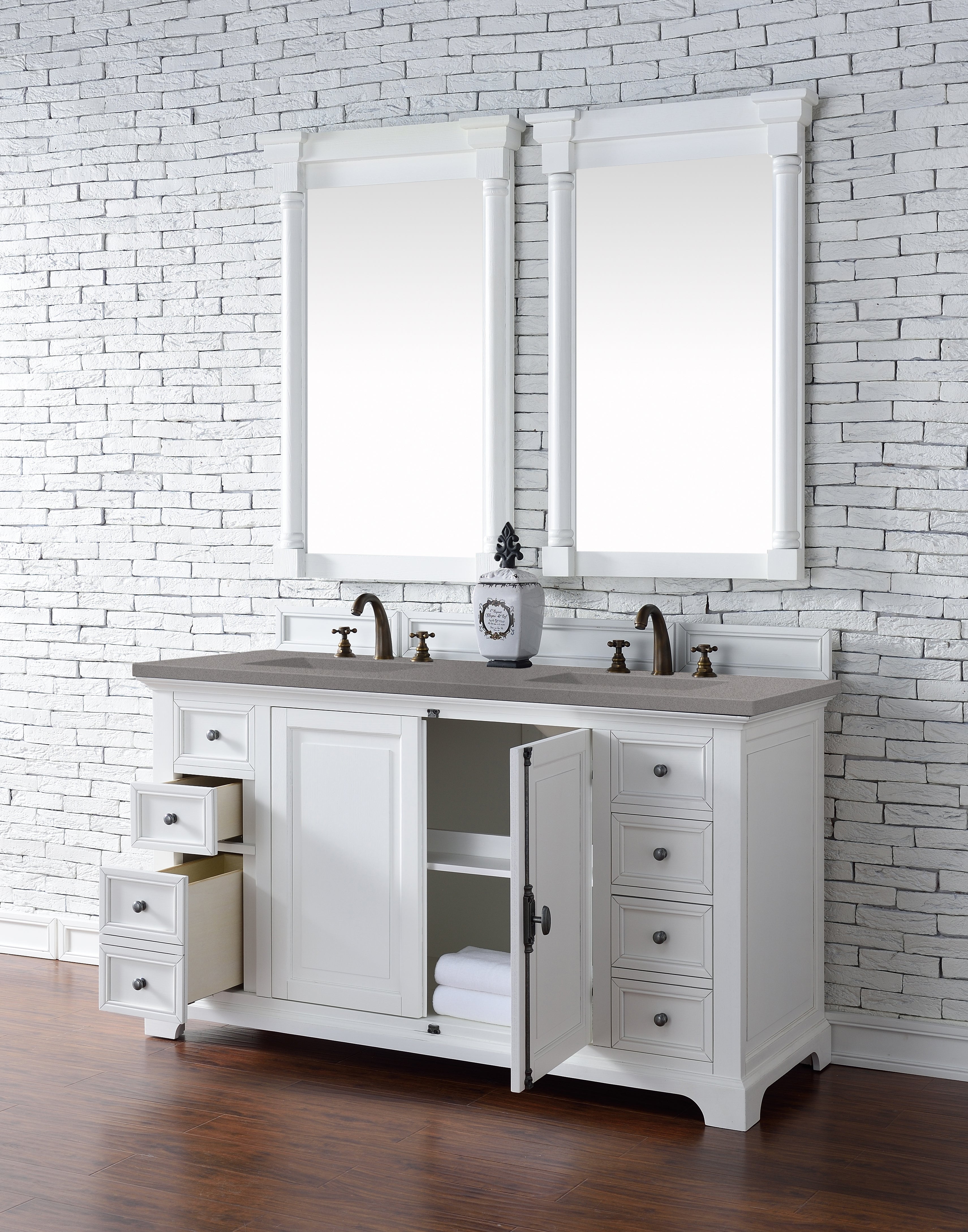 Providence 60-Inch Double Vanity Cabinet with 3CM Grey Expo Quartz Top - Bright White Bathroom Vanity for Modern Master Bath & Guest Bathroom