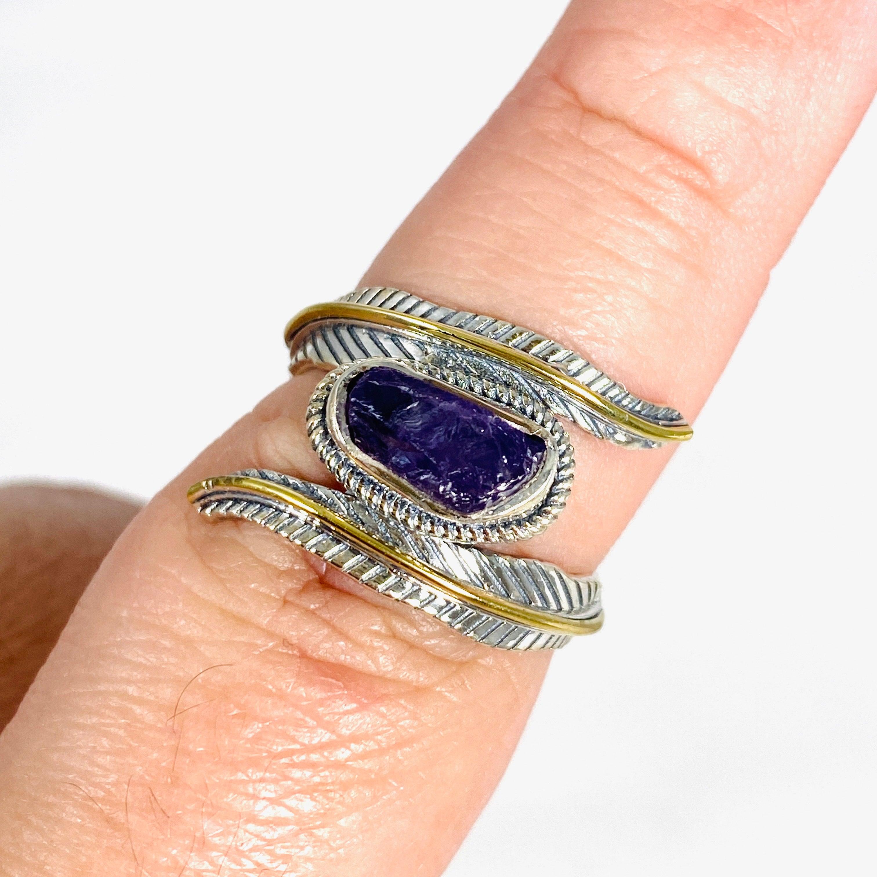 Natural Amethyst Leaf Raw Stone Ring R4224 - Handmade Bohemian Jewelry for Women, Perfect for Boho Chic, Festivals & Everyday Wear
