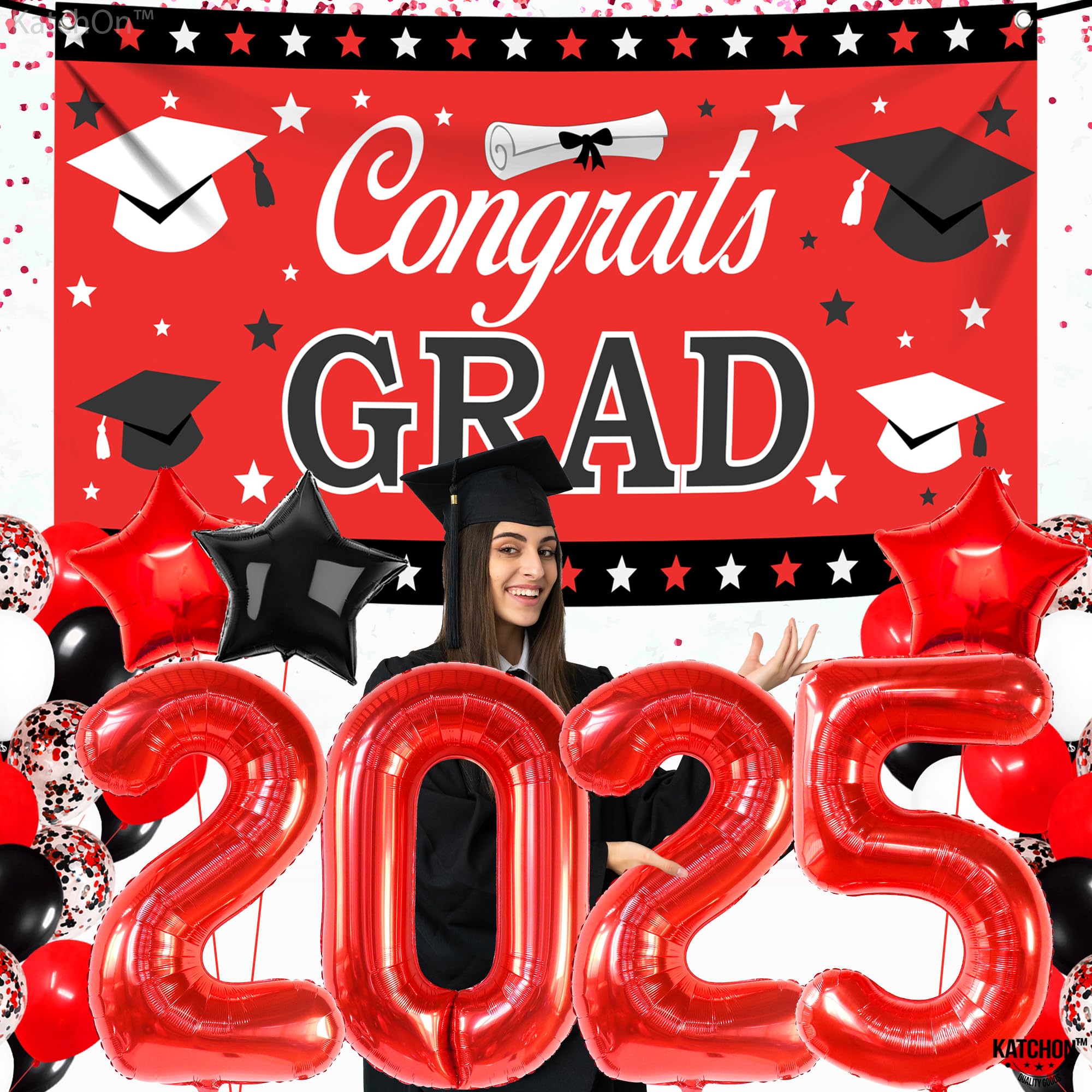 KatchOn 2025 Graduation Decorations Set - 40-Piece Red & Black Balloons, Congrats Grad Banner | Class of 2025 Party Supplies for Graduation Ceremony, High School & College Celebration