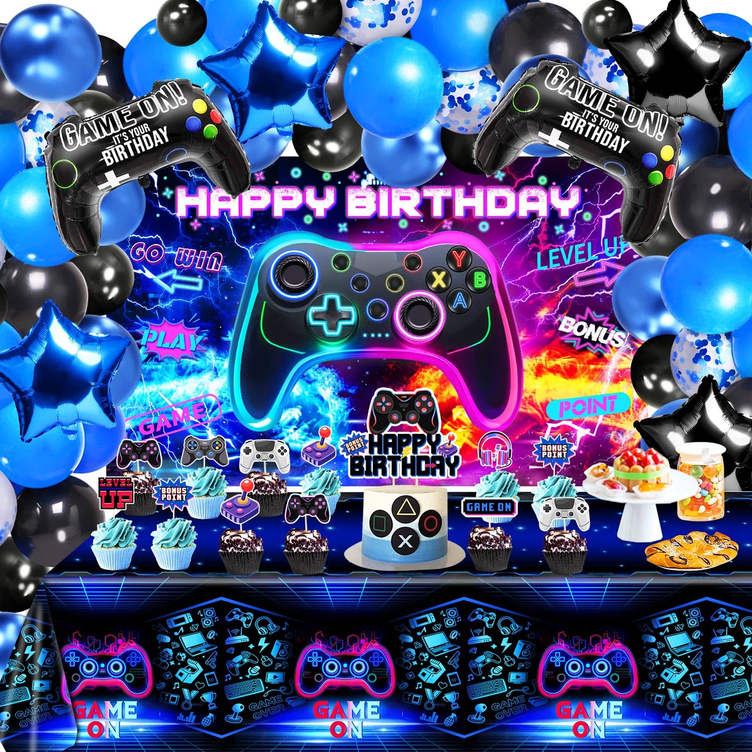 Video Game Birthday Party Decorations Set - Backdrop, Foil Balloons, Tablecloth, Cake Toppers & Balloon Arch Kit for Boys Gaming Theme Celebration | Perfect for Gaming Enthusiast Birthday Parties & Themed Events