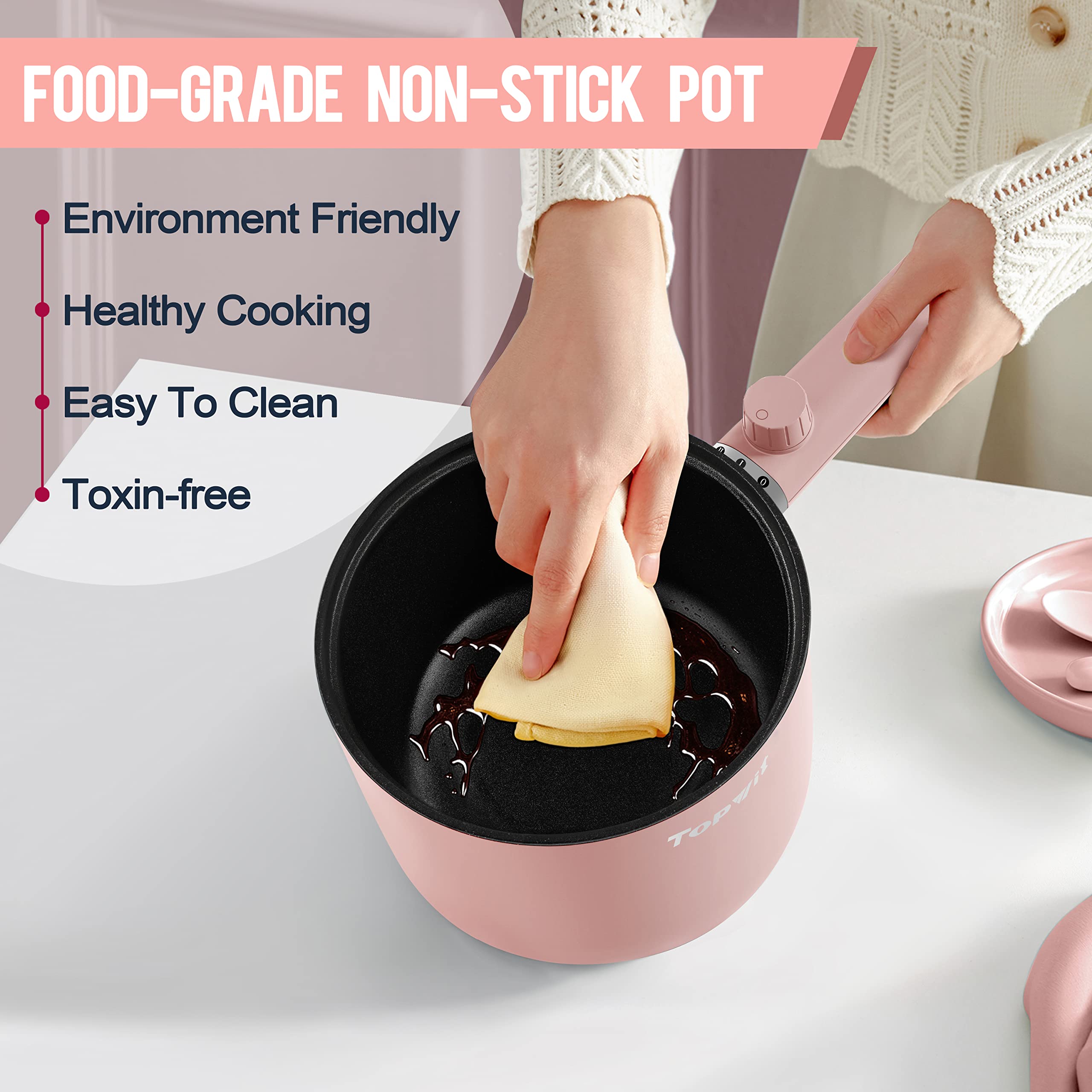 Topwit 1.5L Electric Hot Pot & Ramen Cooker - Portable Non-Stick Frying Pan for Pasta, Steak & More - BPA Free with Dual Power Control & Overheat Protection - Perfect for Dorm, Office & Small Kitchen Cooking (Pink)