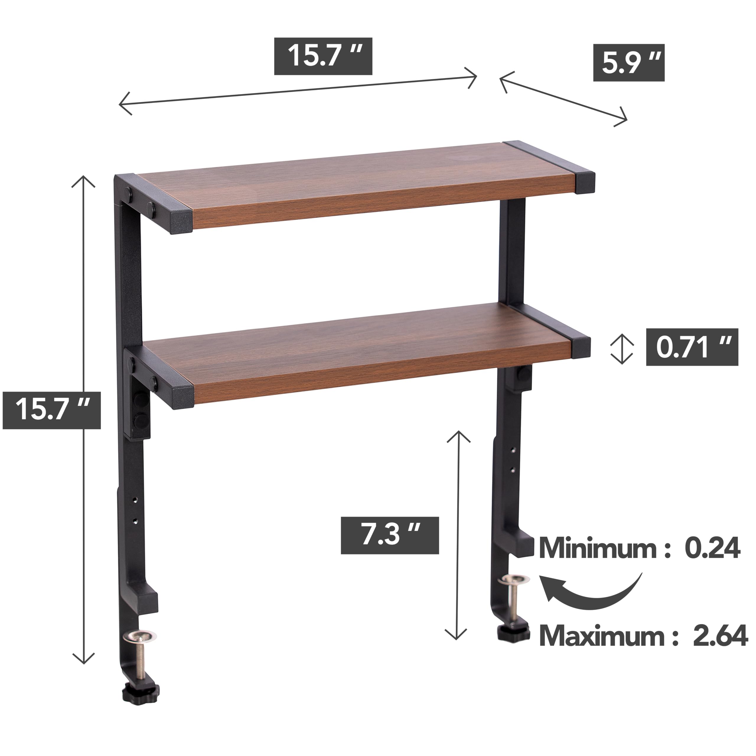 2-Tier Clamp On Desk Shelf Organizer - 15.7x5.9 Inch Under Desk Storage Tray | Space Saving Workspace Solution for Office & Home | Perfect for Laptop Stand, Monitor Riser or Desk Organization