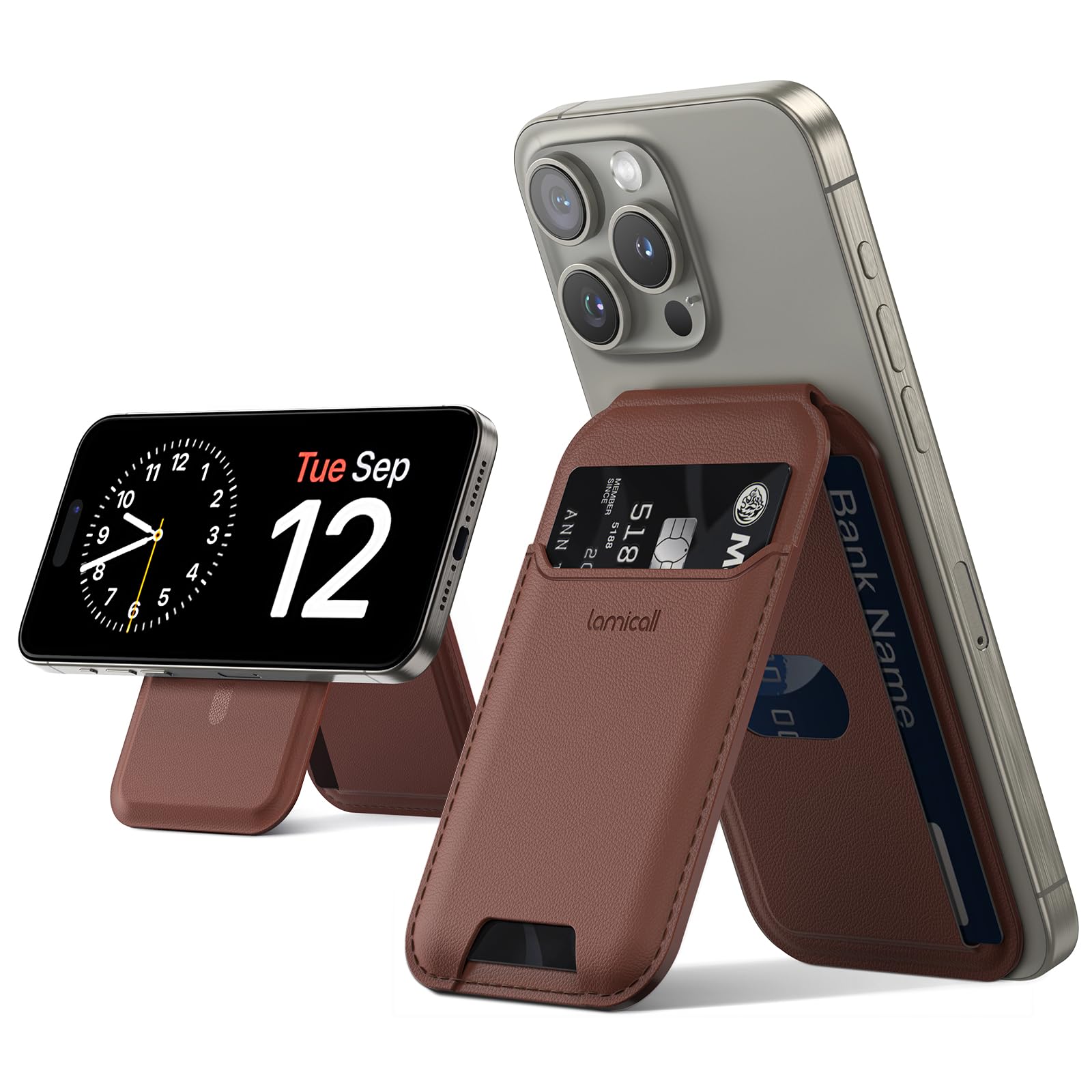 Lamicall 2.3oz Magsafe Wallet Stand with Slim Tight Phone & 3 Card Holder - Adjustable Magnetic iPhone Wallet for iPhone 16/15/14/13 Series (Brown/Red) - Perfect for Travel, Work & Everyday Use