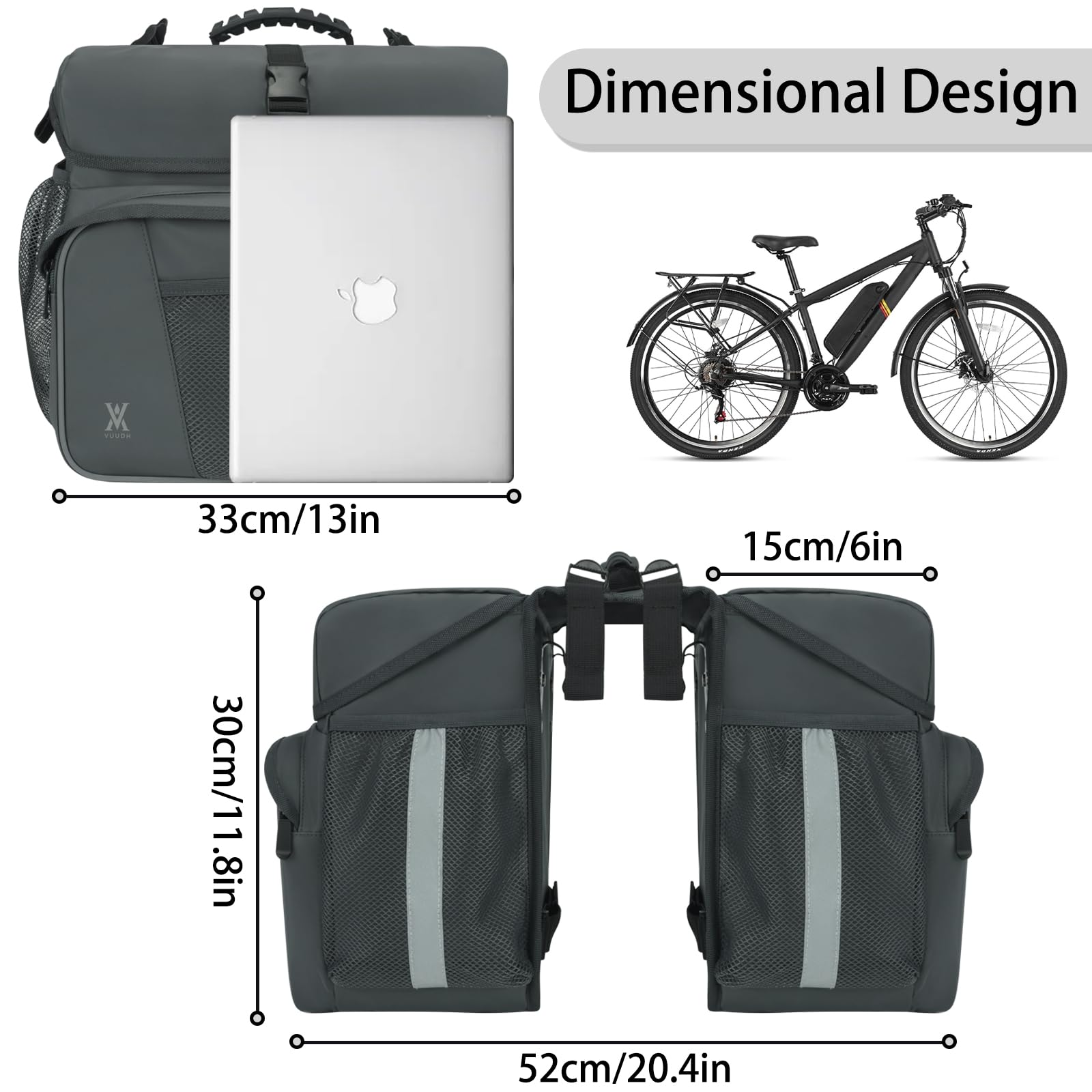 Waterproof 36L Double Panniers Bike Bags - Reflective Safety Saddle Bags for Rear Rack Bicycles, Universal Fit for Most Bicycle Racks with Included Rain Cover (Grey) - Perfect for Commuting, Touring & Outdoor Adventures