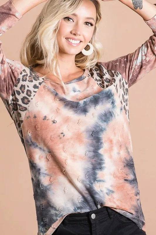 BiBi Tie Dye Distressed Knit Top with Leopard Shoulder - Trendy Women's Vintage Style Sweater for Casual Outings & Streetwear Fashion