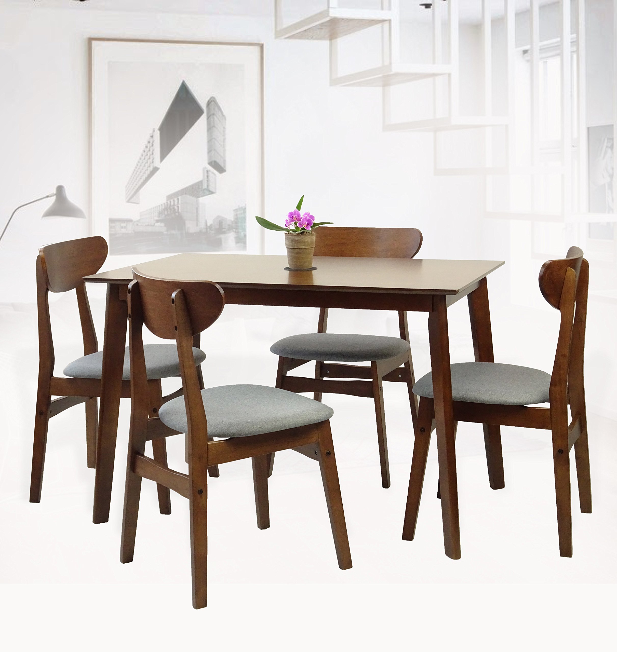 Modern 5-Piece Dining Set - Rectangular Solid Wood Table & 4 Yumiko Padded Seat Chairs in Medium Brown | Perfect for Small Kitchens, Breakfast Nooks & Cozy Family Meals