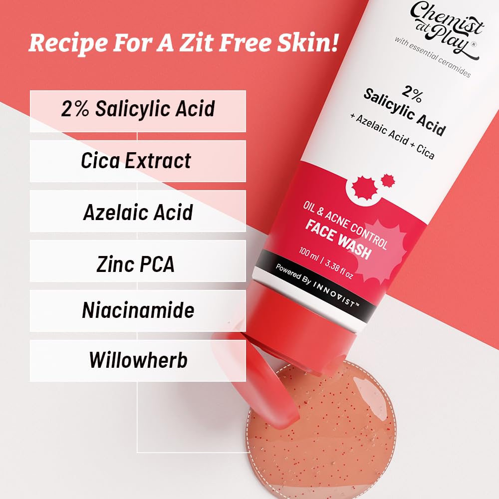 Chemist at Play 2% Salicylic Acid Face Wash for Oily & Acne-Prone Skin with Niacinamide | Sulfate-Free Anti-Acne Cleanser for Men & Women | Prevents Breakouts & Controls Excess Oil | 100ml | Perfect for Daily Skincare Routine & Post-Workout Cleansing