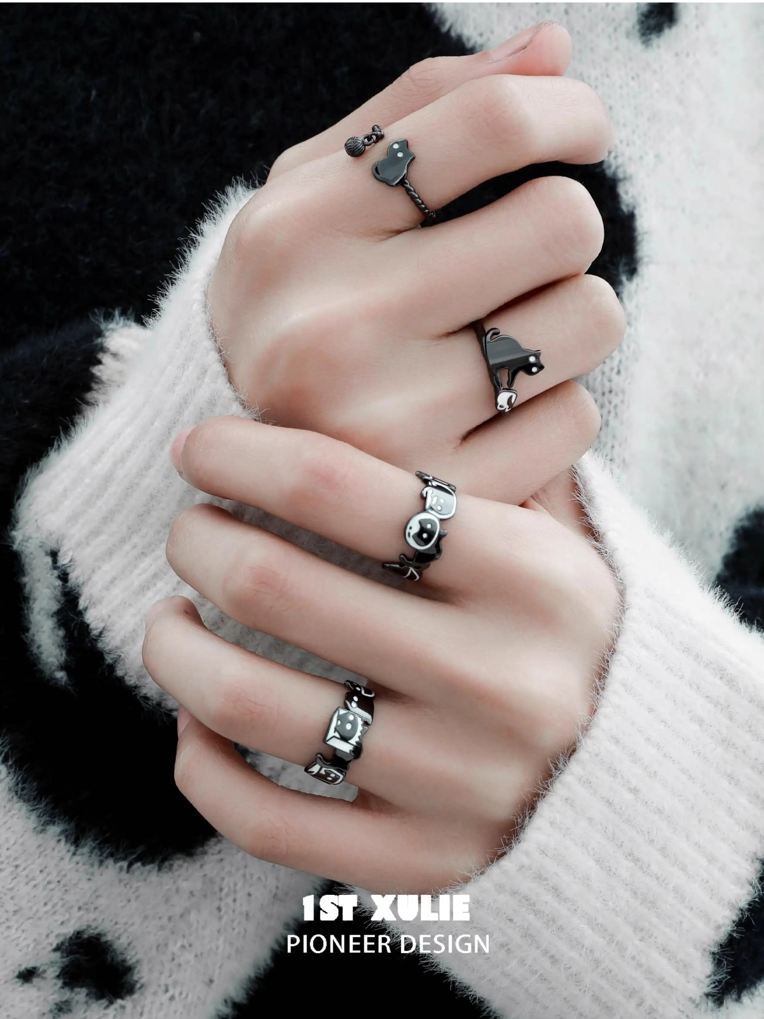 Black Cat Ghost Adjustable Sterling Silver S925 Thin Band Ring for Women - Perfect for Halloween, Gothic Fashion & Everyday Boho Jewelry