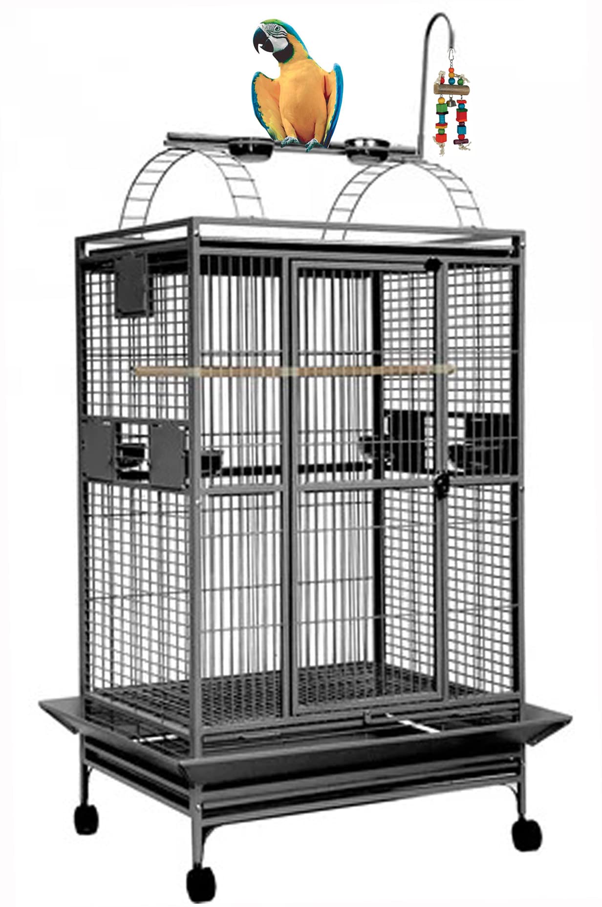 Extra Large Wrought Iron Bird Cage for Parrots - Durable Play Top Design for African Grey, Quaker, Amazon, Cockatiel, Sun Conure & More - Rolling Stand Included - Perfect for Home, Office or Outdoor Aviary Use