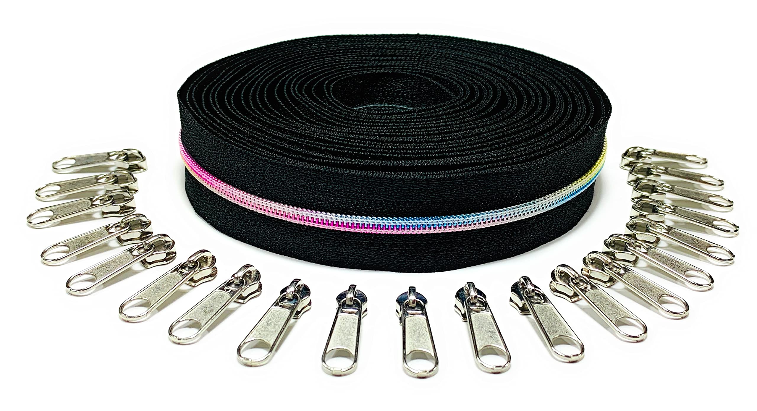 Nuburi Size #3 Zipper by The Yard - 5 Yards DIY Zipper Kit with 20 Zipper Pulls (Black with Rainbow Teeth & Silver Pulls) - Perfect for Sewing Projects, DIY Crafts, and Clothing Repairs