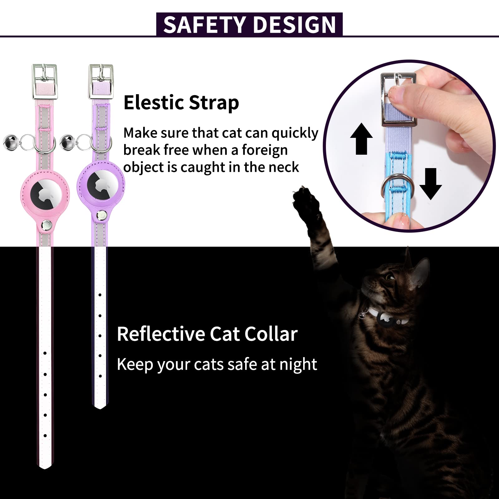 GPS Cat Collar with Bell & Reflective Strip - Leather Pet Tracker Collar for Cats (Blue, XS 7.5-10.2