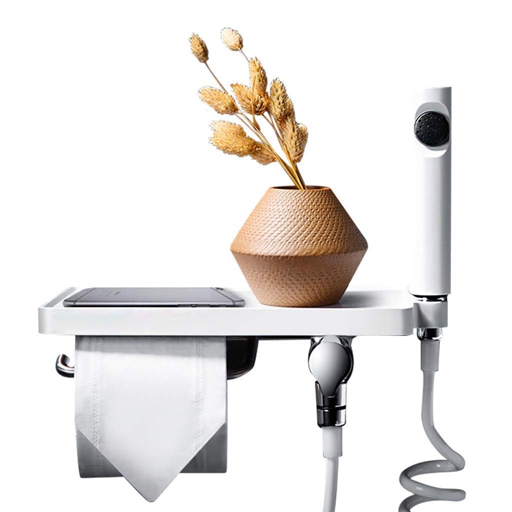 Multifunctional Toilet Paper Holder with Shelf & Spray Gun - Creative Bathroom Towel Rack & Cleaning Kit for Modern Homes | Space-Saving Bathroom Organizer for Toiletries & Cleaning Tools