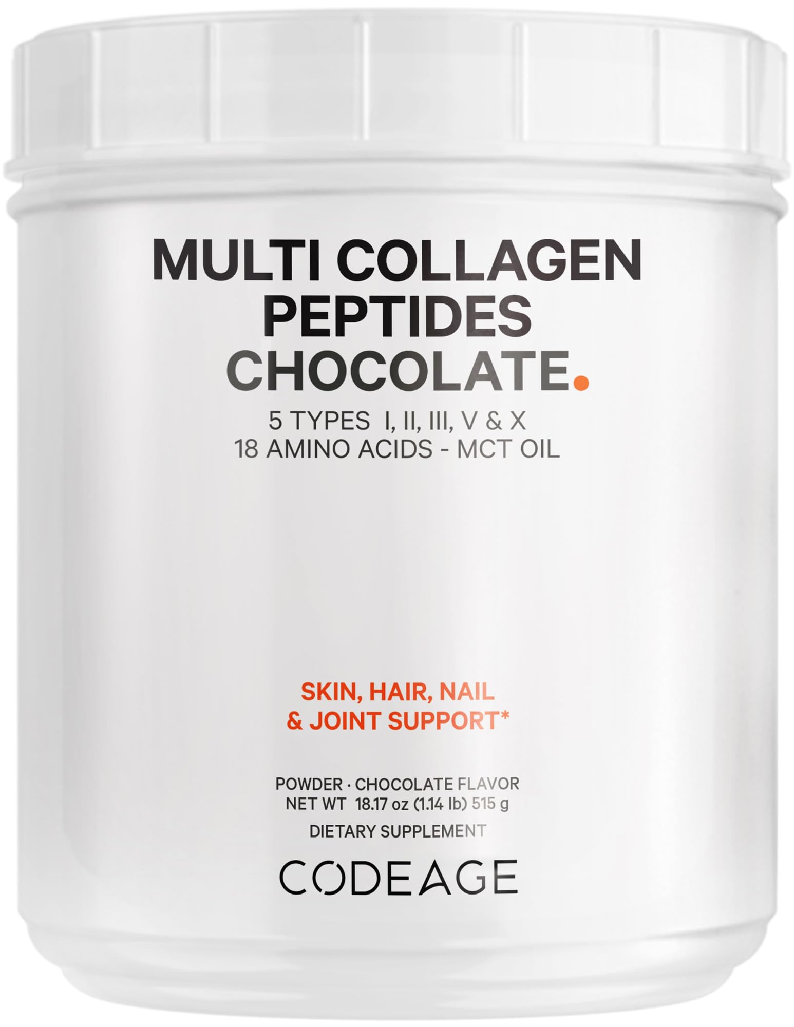 Codeage Multi Collagen Chocolate Protein Powder with Hydrolyzed Bovine Collagen Peptides - 5 Collagen Types & MCT Oil - Keto & Paleo Friendly Protein Shake Mix - Non-GMO, Gluten Free Collagen Creamer for Coffee, Smoothies & Baking - 18.17 oz