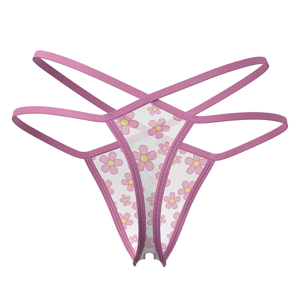 Exposed Daisy UV Reactive Split Crotch Mesh Thong for Women - Sexy Lingerie for Curvy Figures - Perfect for Nightwear, Boudoir Photography & Sensual Occasions