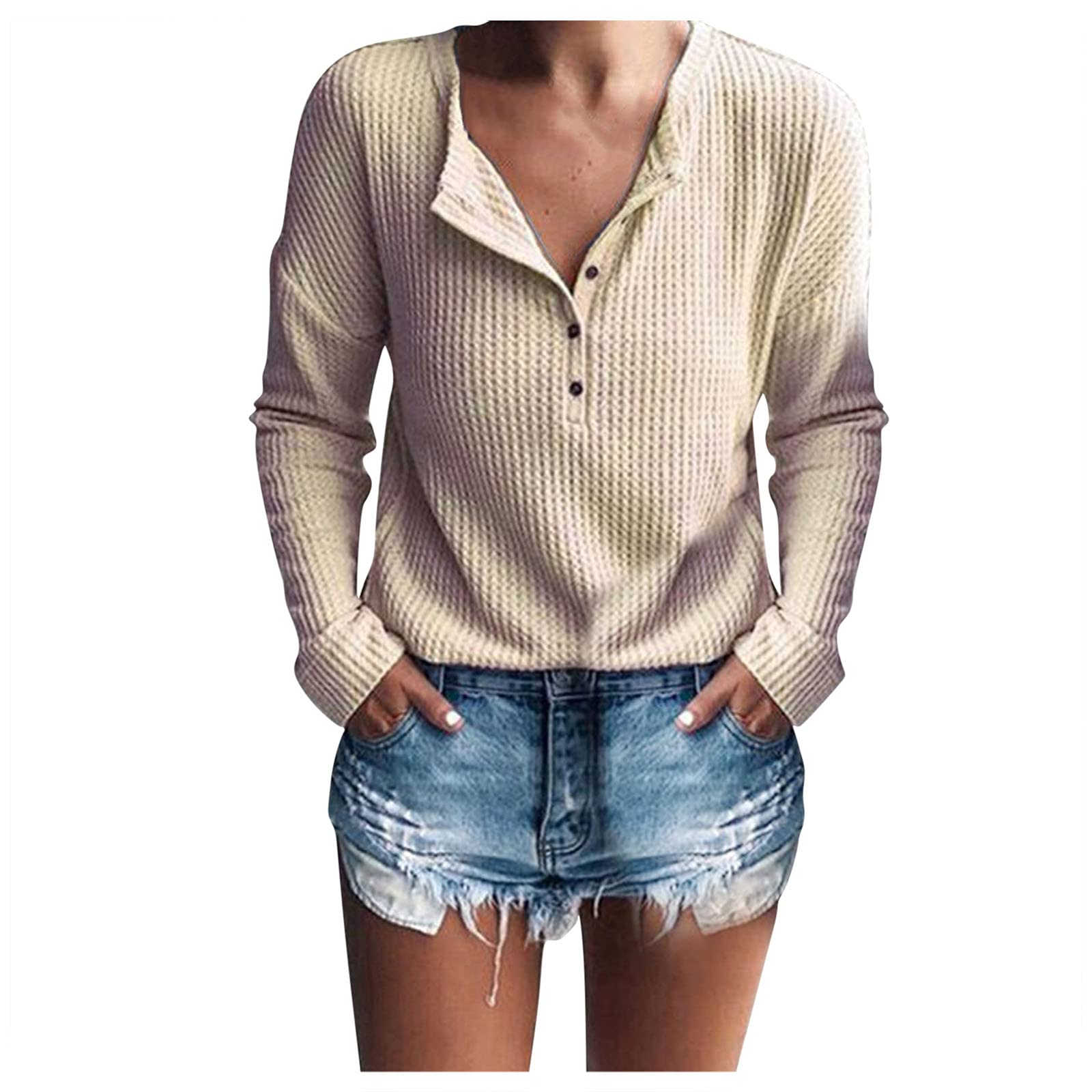 Aniywn Women's V-Neck Henley Tee Shirts - Waffle Knit Drop Shoulder Long Sleeve Tops - Casual Loose Pullover for Everyday Wear, Fall Outfits & Layering