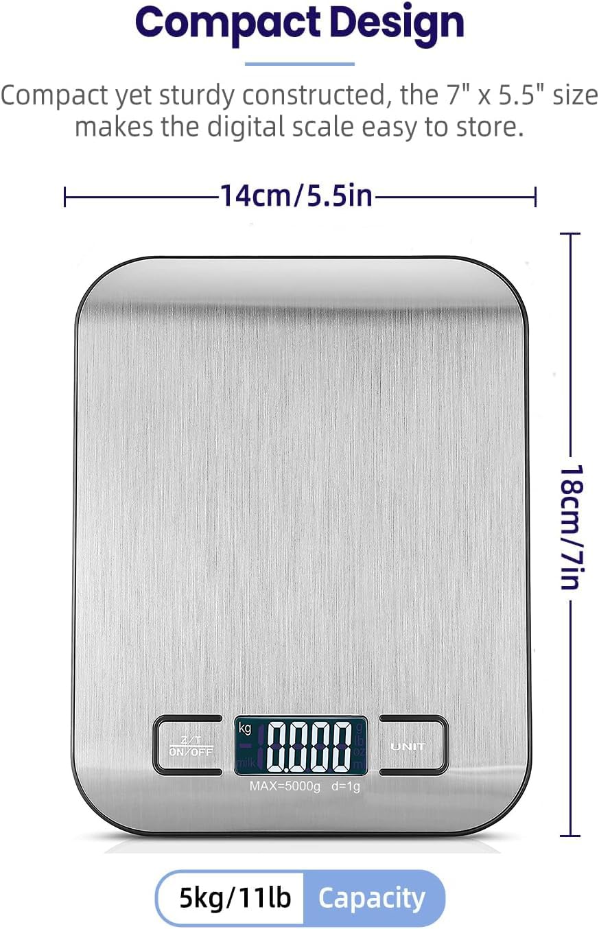 **11 lb Digital Kitchen Scale with Tare Function & Backlit LCD - Precise Food Scale for Baking, Cooking, and Portion Control (Silver, Includes Batteries)**