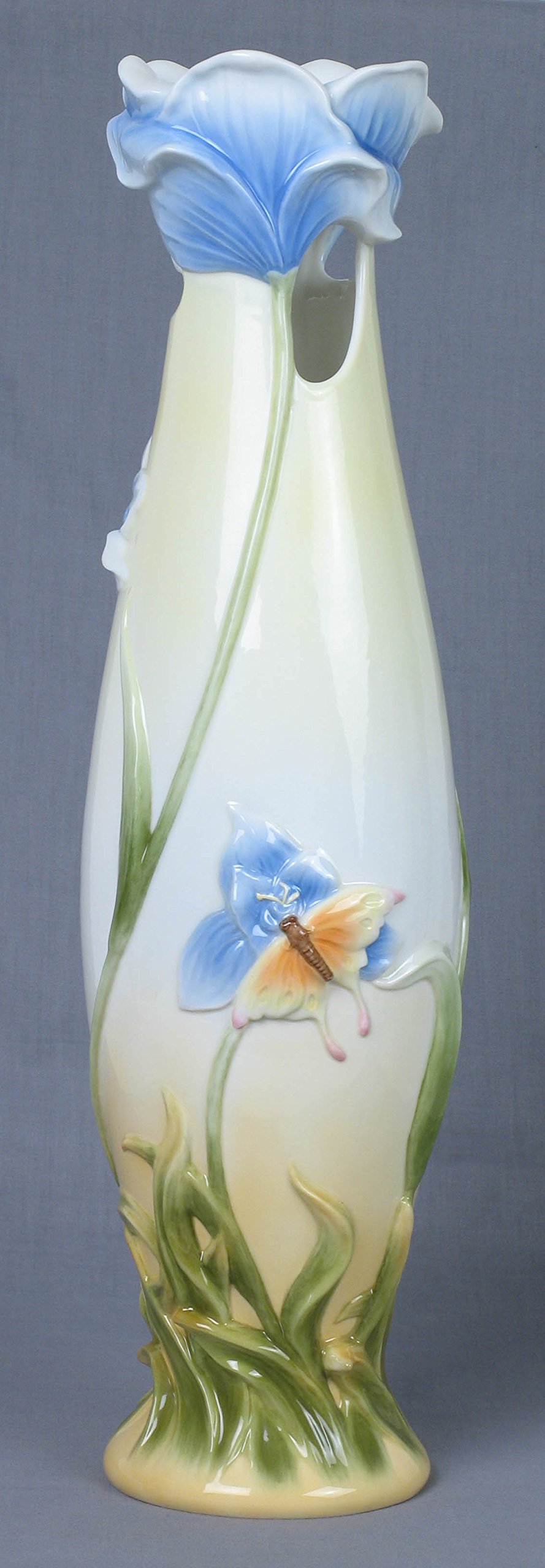 16.25 Inch Tall White Ceramic Vase with Iris Flared Opening & Butterfly Design - Elegant Home Decor for Living Room, Dining Table, Wedding Centerpiece