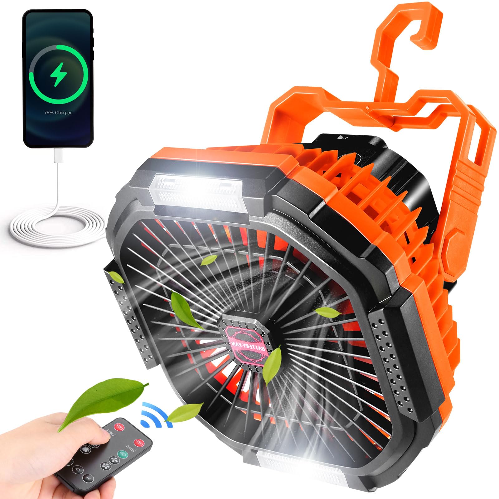 Odoland Portable Camping Fan with LED Light - 10400mAh Rechargeable Battery Operated Fan, Lantern, Hanging Hook & Remote Control - Perfect for Tent, RV, Hurricane Outages, Emergency & Outdoor Adventures