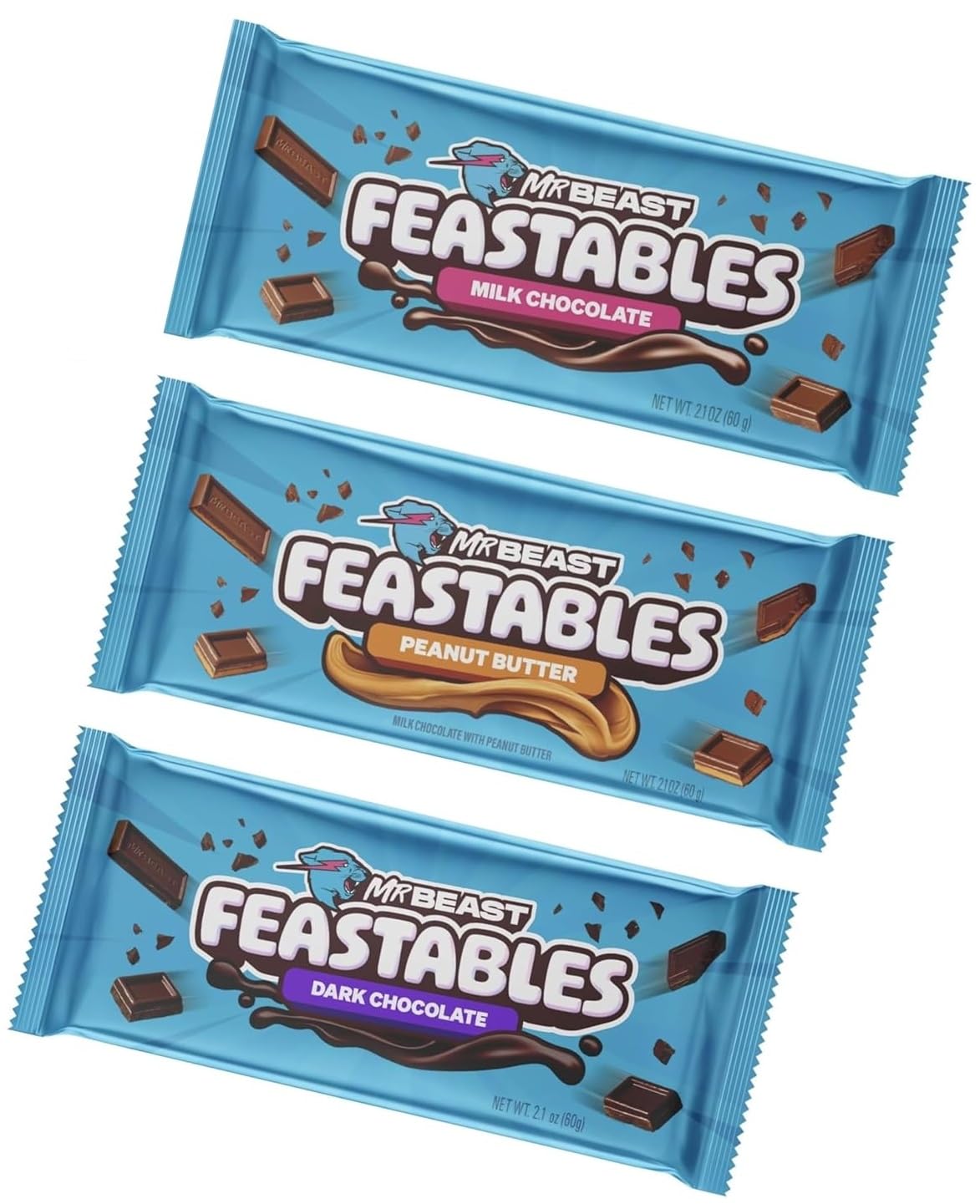 Mr Beast Chocolate Bars Assortment - Peanut Butter, Dark Chocolate & Milk Chocolate (3-Pack) | Premium Full-Size Candy Bars by Fantasty Mall | Perfect for Gifts, Parties & Snacking