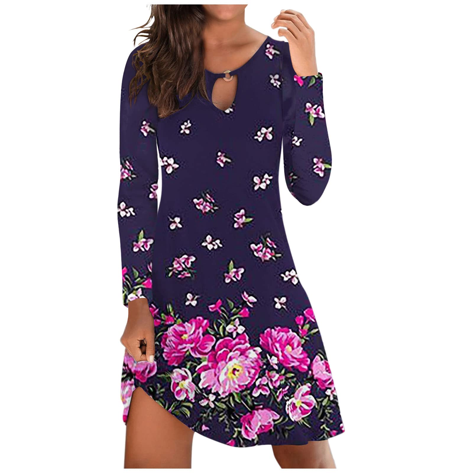 Sixyoury Women's Summer Floral Print Casual Beach Dress - Long Sleeve Hollow A-Line Mini Dress for Vacation, Travel, and Outdoor Activities