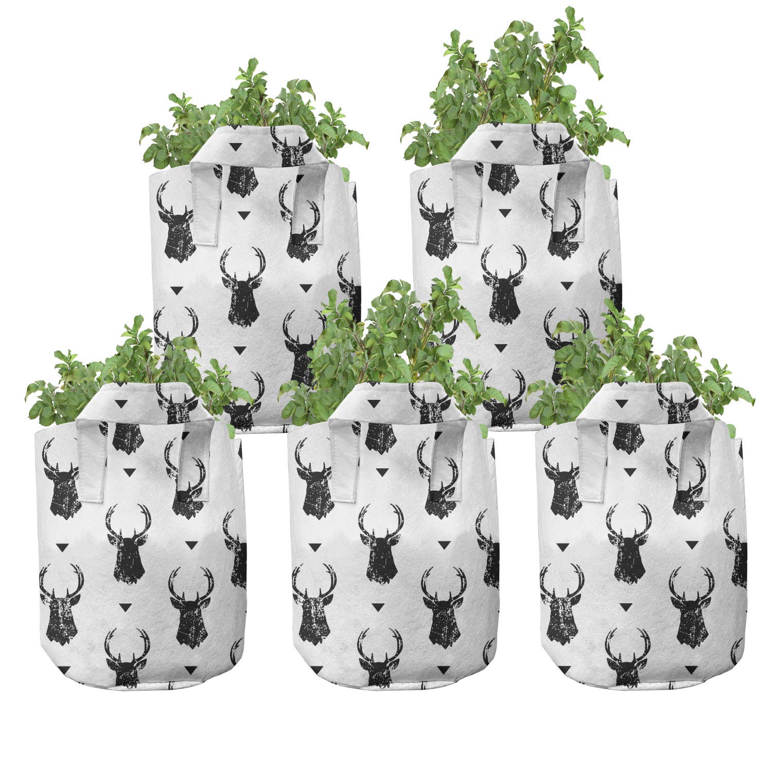 Ambesonne 5-Pack 7 Gallon Deer Print Heavy Duty Fabric Grow Bags with Handles - Monochrome Animal Design Plant Pots for Indoor/Outdoor Gardening, Vegetables, Flowers & Herbs