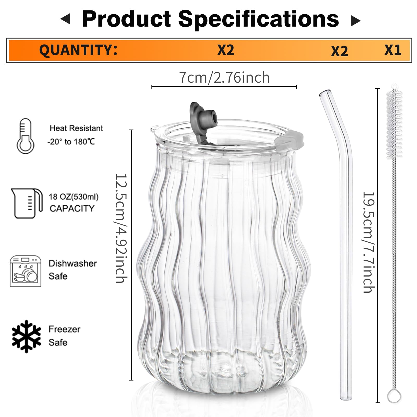 Ribbed Glass Cups with Lids and Straws - 18oz Vintage Wavy Design for Iced Coffee, Bubble Tea & Smoothies | Clear Aesthetic Glassware for Home, Cafe & Gifts