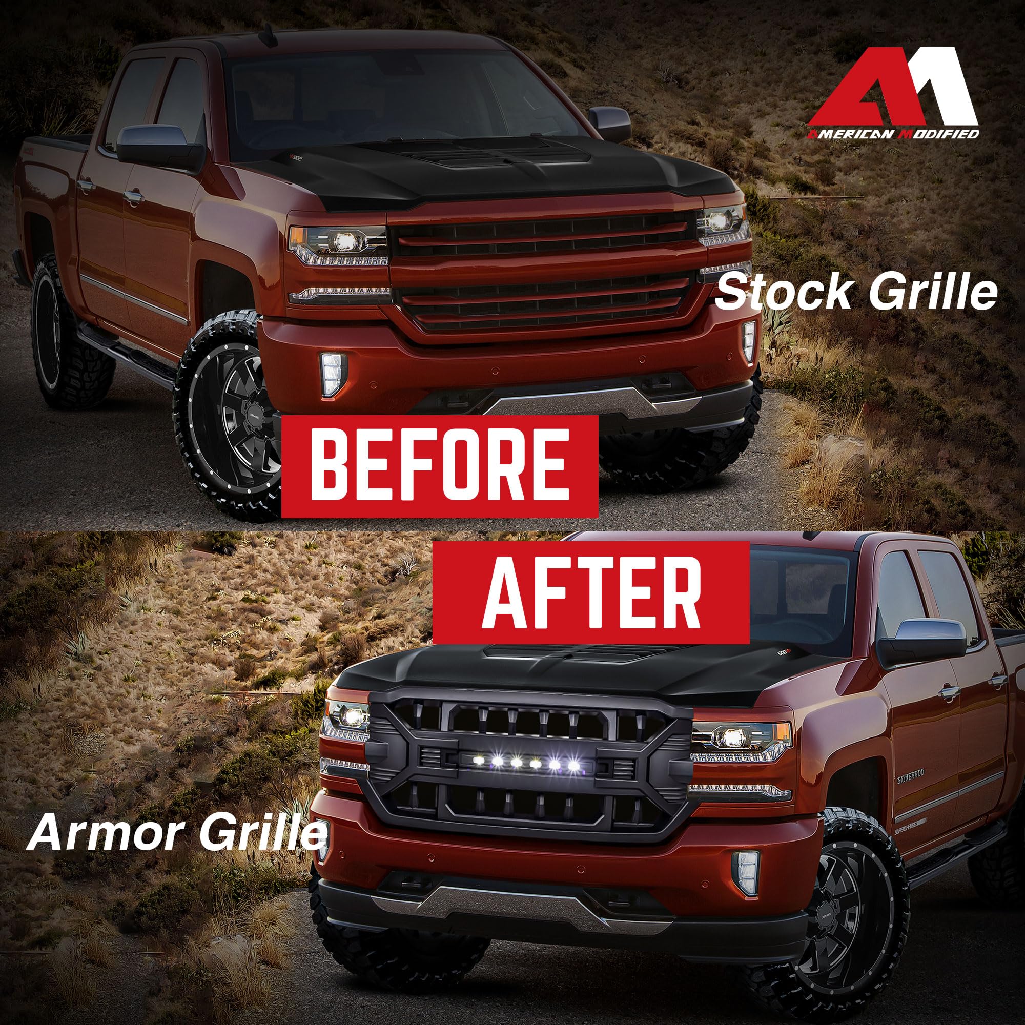Heavy Duty AMERICAN MODIFIED Armor Grille with Off-Road LED Light Bar | Compatible with 2016-2019 Chevrolet Silverado 1500 | Matte Black Finish | Perfect for Off-Roading, Truck Customization & Night Driving
