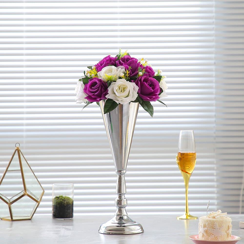 Elegant Metal Wedding Flower Trumpet Vase - Gold & Silver Tabletop Candlestick Holder for Wedding Decor, Centerpiece, and Home Decoration (10-Pack, Silver) - Perfect for Wedding Aisle, Reception Tables, and Romantic Home Decor