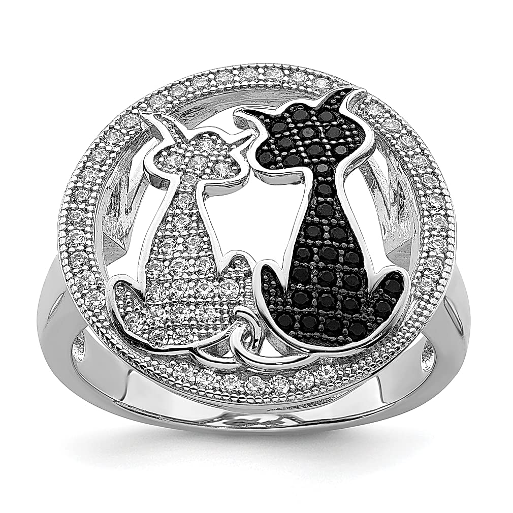 925 Sterling Silver 87 Stone Black & White Cubic Zirconia Cat Ring for Women - Elegant Animal Jewelry Gift for Her - Perfect for Parties, Date Nights & Special Occasions