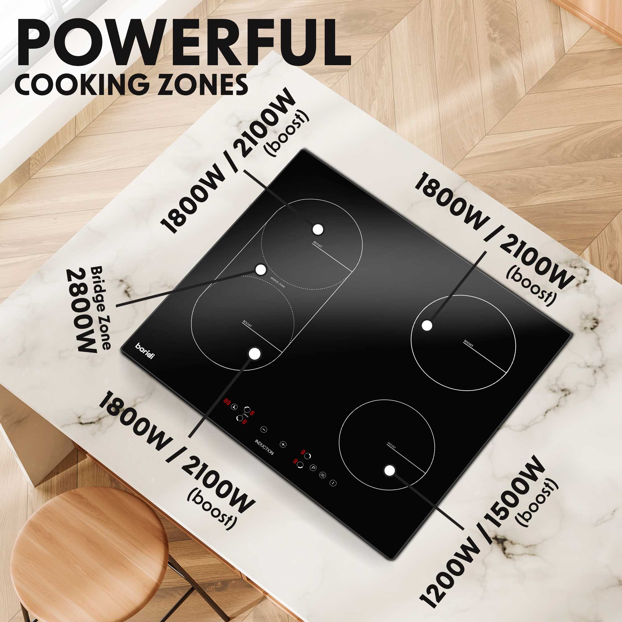 Baridi 60cm 4-Zone Induction Cooktop with Boost Function - 9 Power Levels, 2800W, DH178 - Perfect for Home Kitchens, Restaurants & Fast Cooking