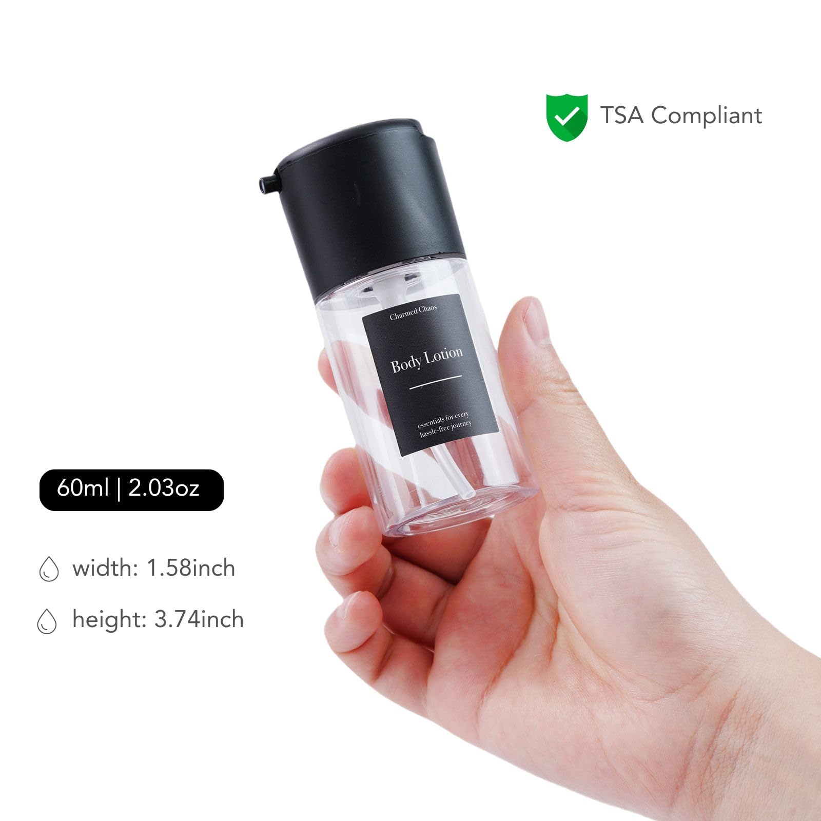 TSA Approved Leak Proof Travel Toiletries Bottles Set - 8 Pack BPA Free Refillable Fine Mist Spray Bottles (2.03oz, Black) for Airplane Carry On, Gym, Camping & Daily Use