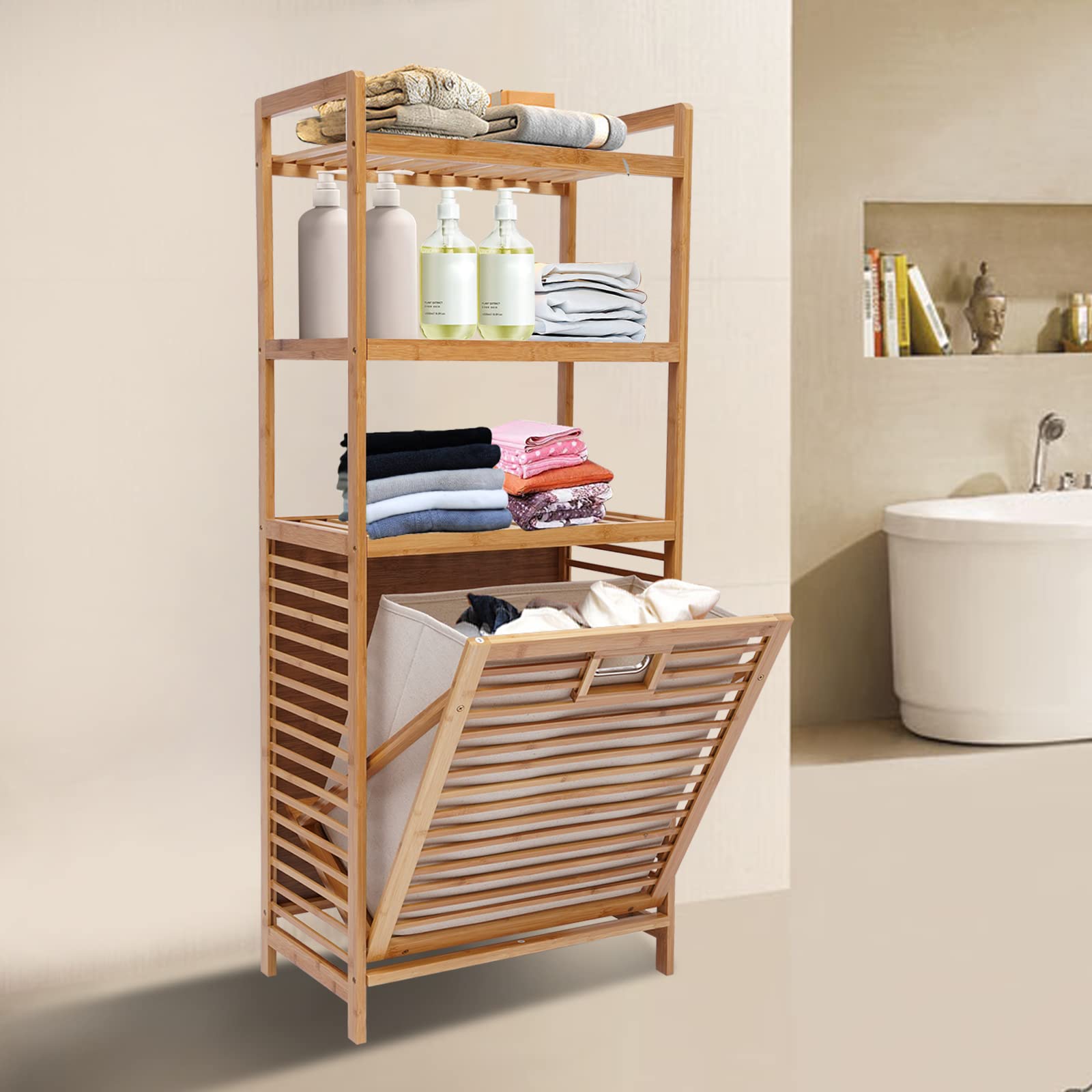 4-Tier Bamboo Laundry Hamper Organizer - Freestanding Clothes Storage Shelf Rack for Bathroom, Bedroom & Nursery - Perfect for Sorting Dirty Laundry, Storing Towels & Organizing Small Spaces