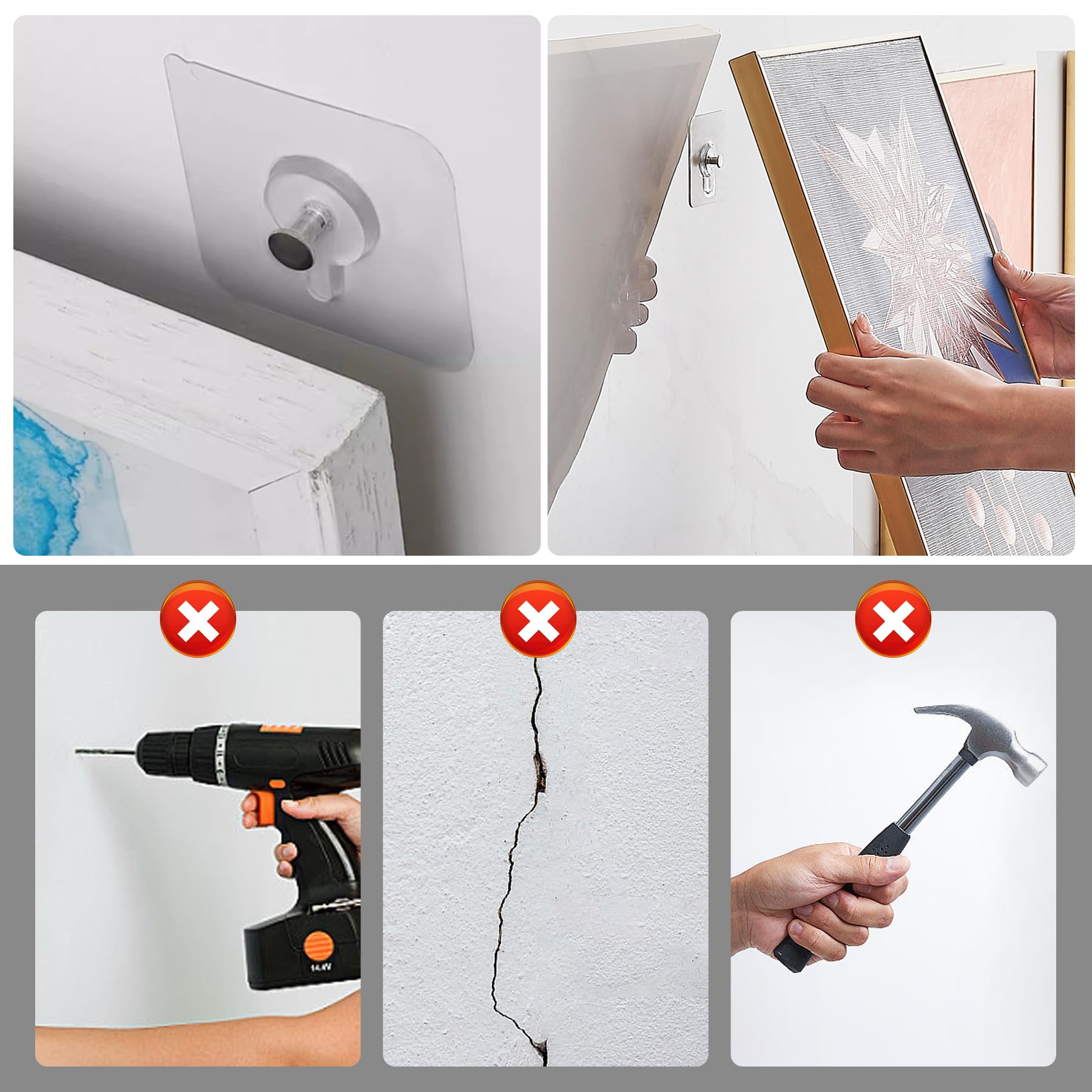12 Pack Self-Adhesive Wall Hooks for Picture Frames - No Drill Hanging Solution with Strong Adhesive & Base Plate - Perfect for Home Decor, Photo Display, and Lightweight Wall Organizers