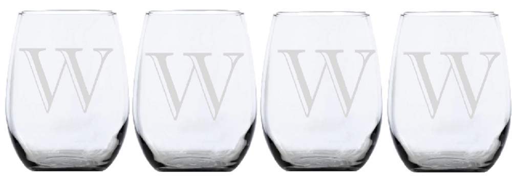 Personalized Monogrammed Wine Glasses 4pk - Etched Letter W for Wedding & Party