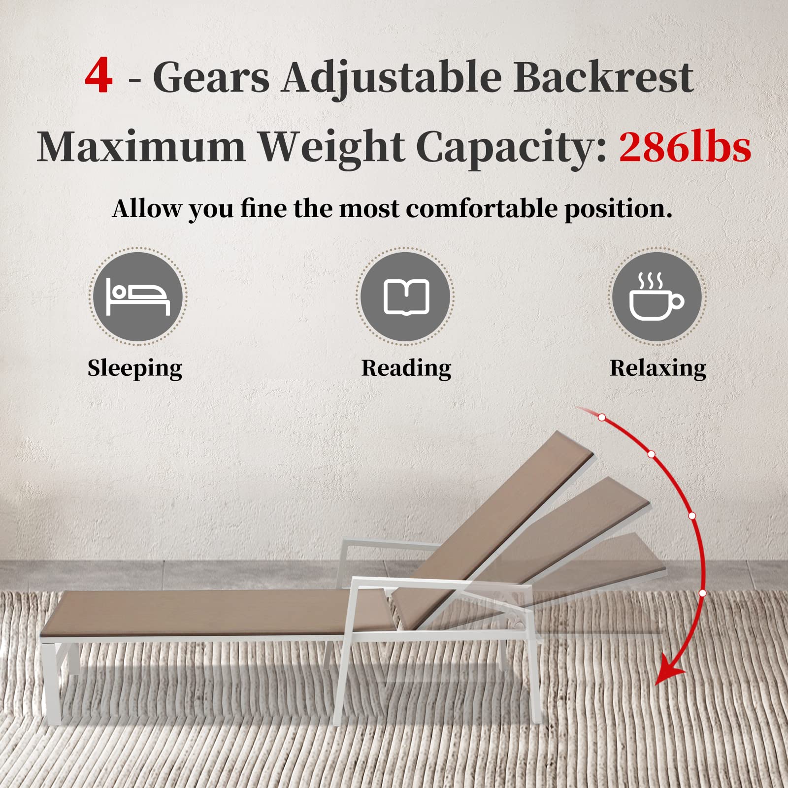 Premium Outdoor Patio Lounge Chair Set of 2 - Adjustable Aluminum Chaise Lounges with 5 Backrest Positions - Perfect for Backyard, Balcony, Poolside & Beach Relaxation (Khaki) - Ideal for Sunbathing, Lounging & Outdoor Entertaining