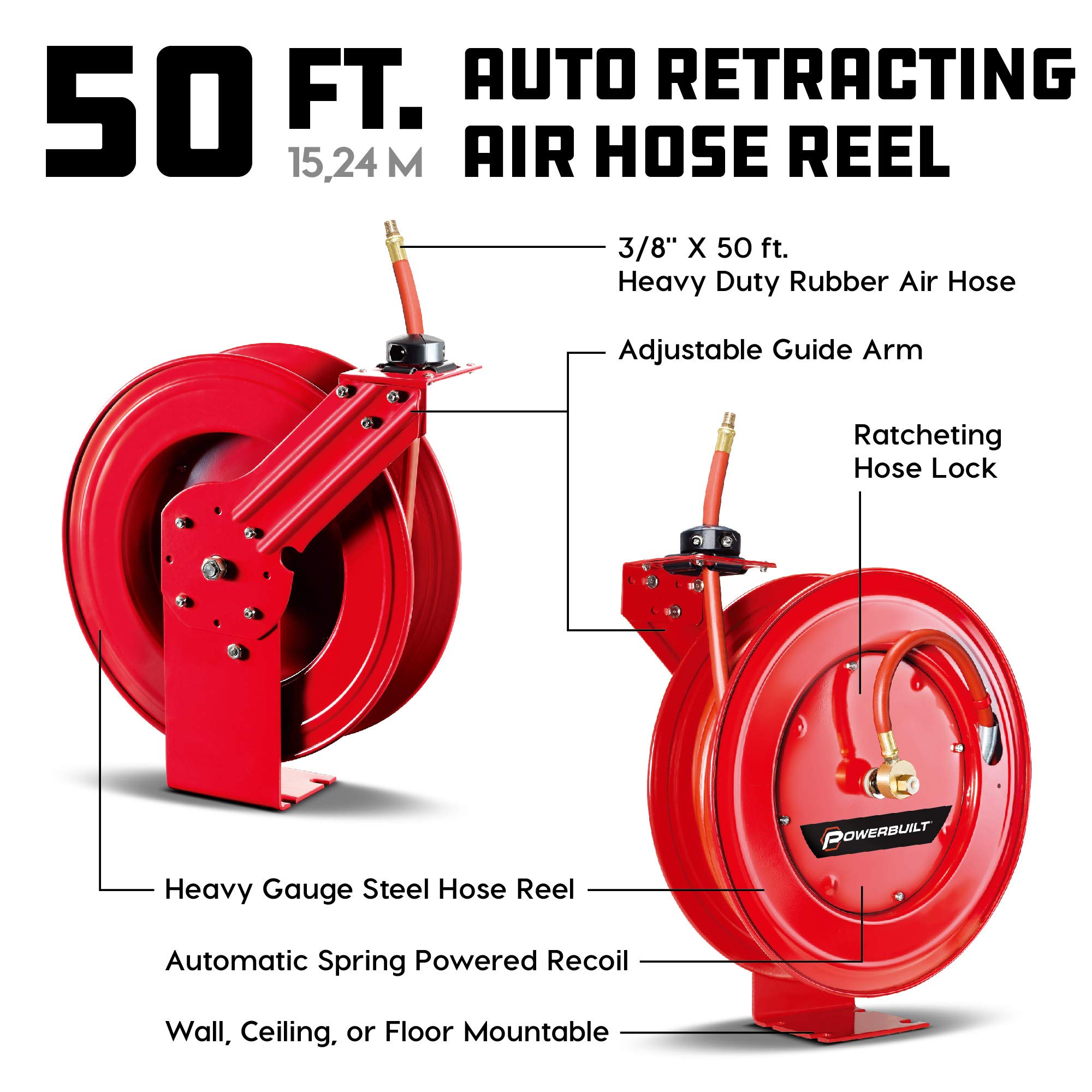 Powerbuilt Heavy Duty Retractable Air Hose Reel - 3/8
