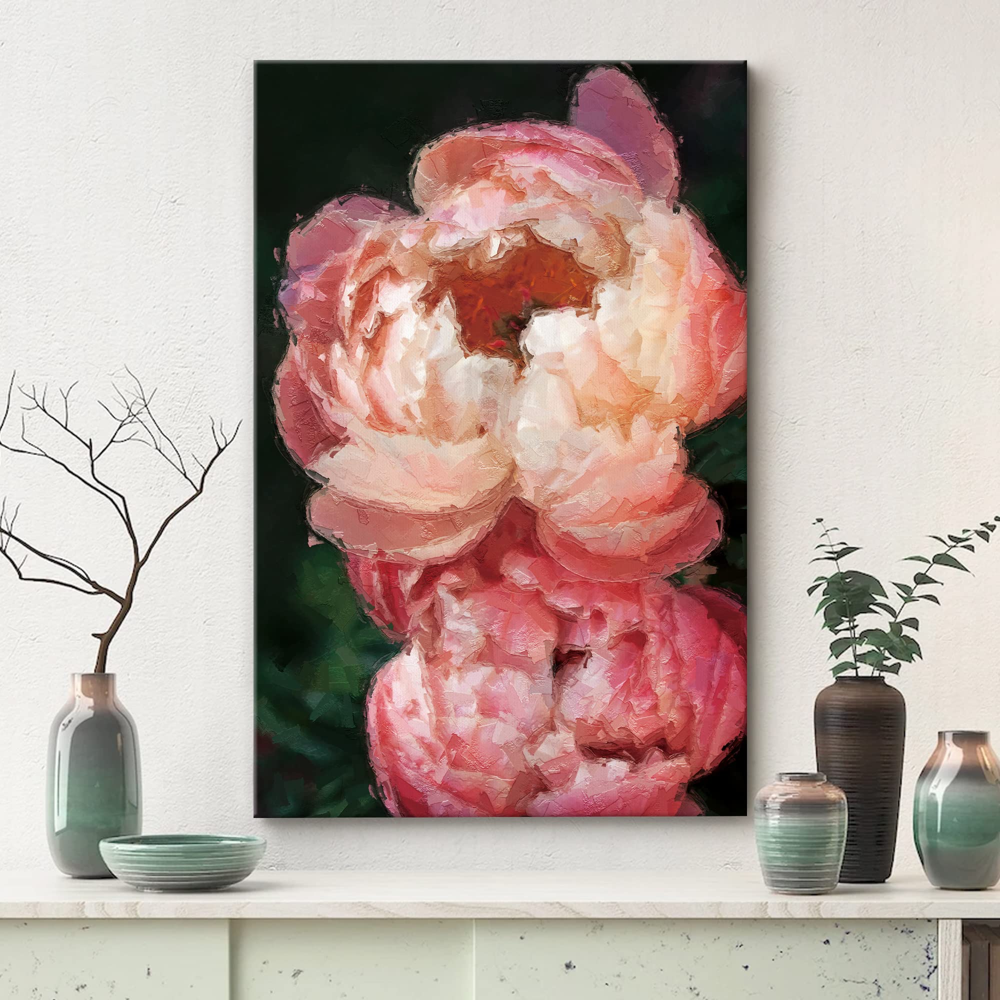 Orange & Pink Coral Charm Peony Bouquet Floral Canvas Wall Art - Impressionism Oil Painting for Living Room, Bedroom, Office Decor - 32x48 Inches - Vibrant Home & Workspace Accent