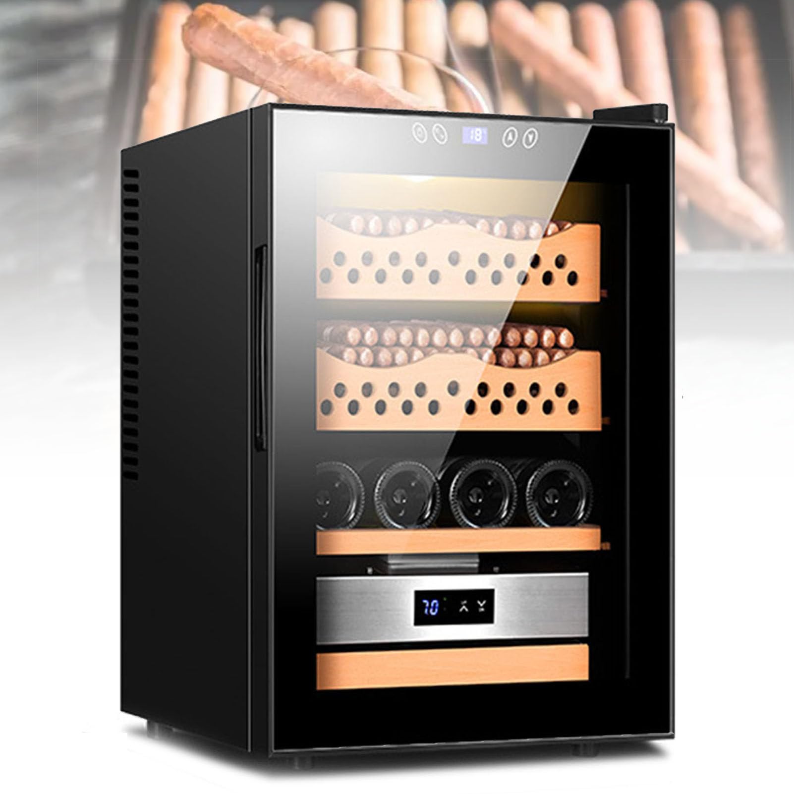 50L Electric Cigar Humidor Cabinet - Holds 200 Cigars & 4 Bottles - Spanish Cedar Wood Shelves - Cooling System - Perfect for Home, Office, or Cigar Lounge Storage