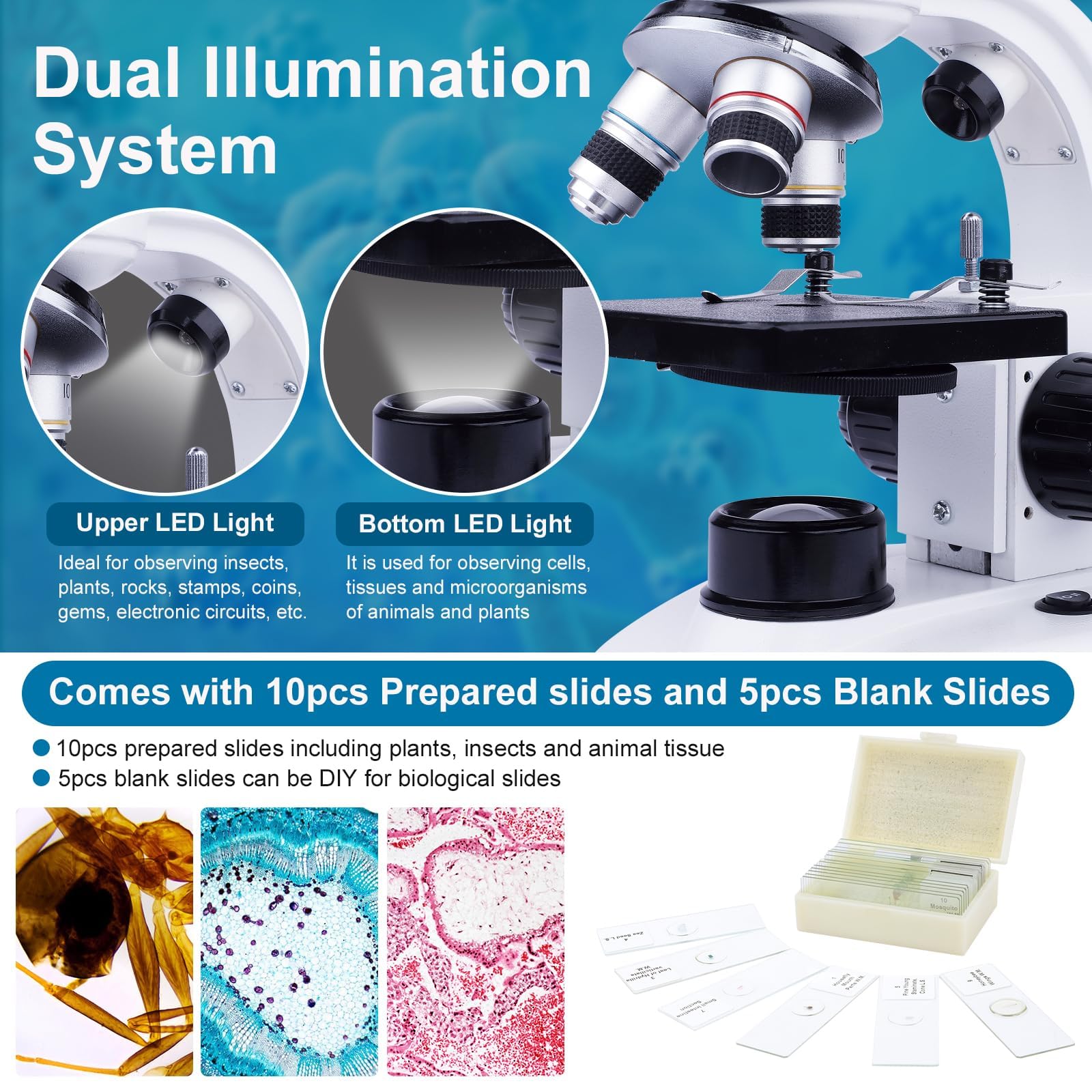 40X-1000X Binocular Compound Microscope for Adults & Students - Professional Lab-Grade Microscope with Slides, Phone Adapter & Specimen Kit - Perfect for Home Education, Science Hobbies & Biological Research