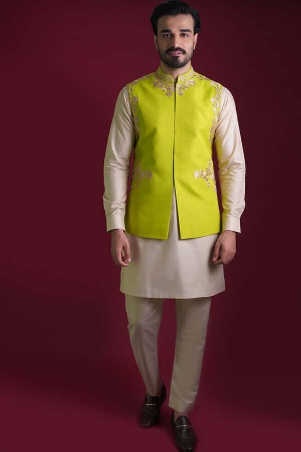 Stylish Green Embroidered Waistcoat & Kurta Pyjama Pants Set for Men | Traditional Indian Ethnic Wear | Perfect for Weddings, Festivals & Cultural Events