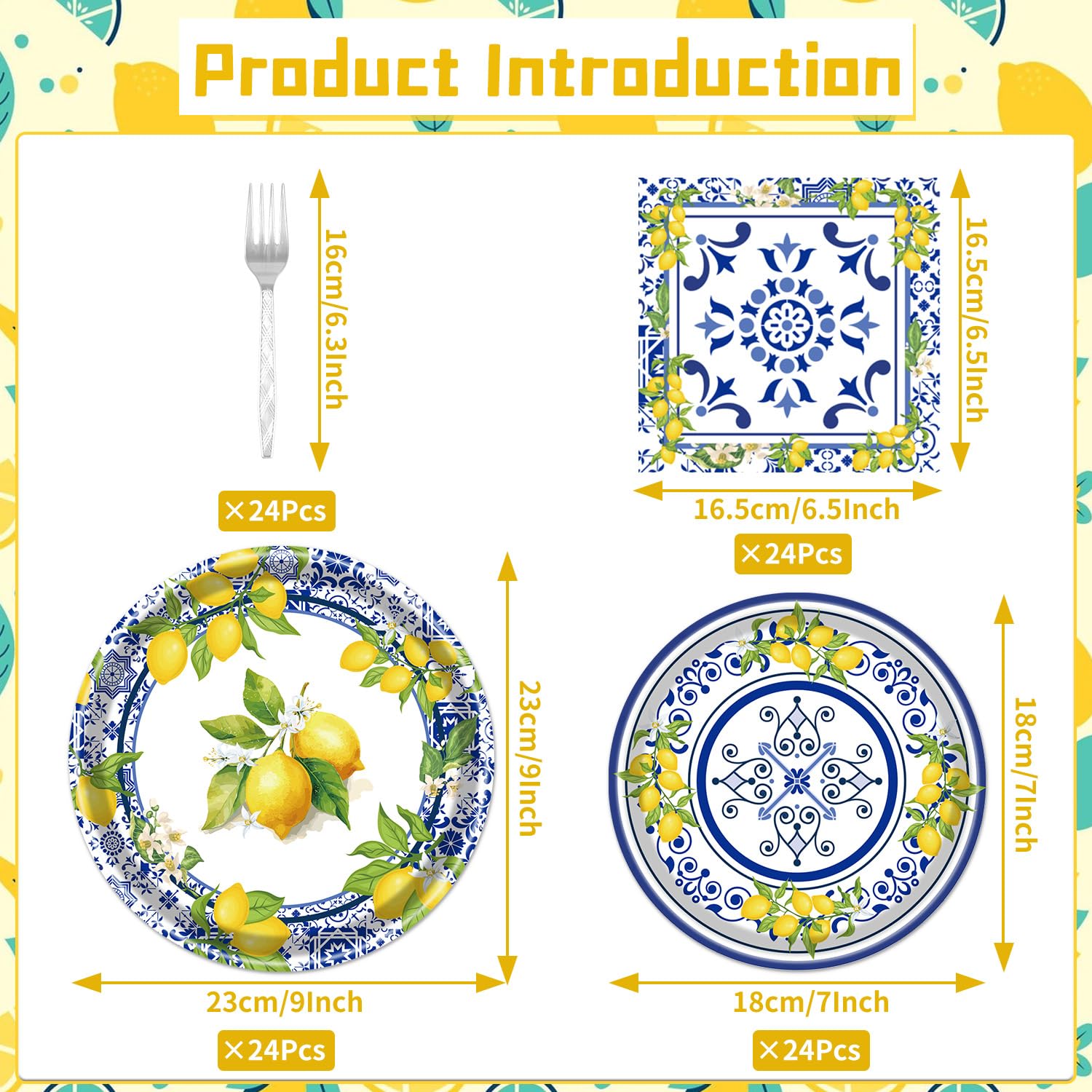 Rakuto 96PCS Lemon Party Supplies Set - Disposable Yellow Lemon Paper Plates, Napkins, Forks & Tableware for Summer Fruit Themed Decorations | Perfect for Birthday, Baby Shower, Bridal Shower & Outdoor Picnic Parties (Serves 24 Guests)