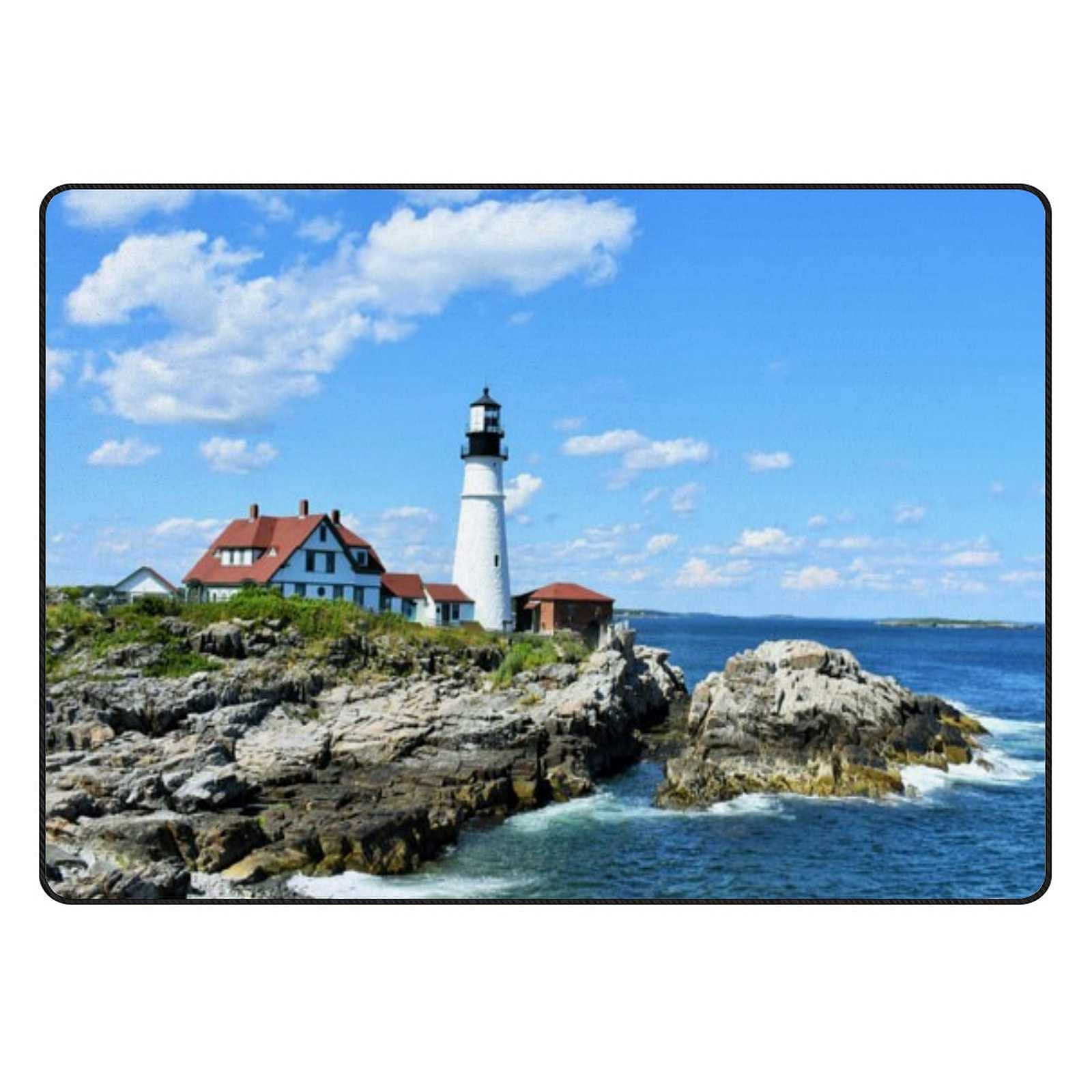 Non-Slip Bath Mat - Soft Absorbent Microfiber Bathroom Rug with Cushioned Comfort, 24x16 Inch, Washable Shower Mat in Lighthouse Portland Maine Blue - Perfect for Bathroom, Entryway & Standing Comfort