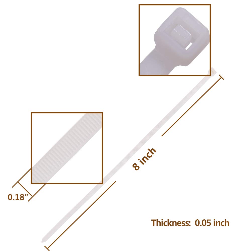 Premium 8-Inch White Nylon Cable Ties (1000 Pack) - 50 LB Tensile Strength for Secure Wire Management | Ideal for Home, Office & Industrial Organization