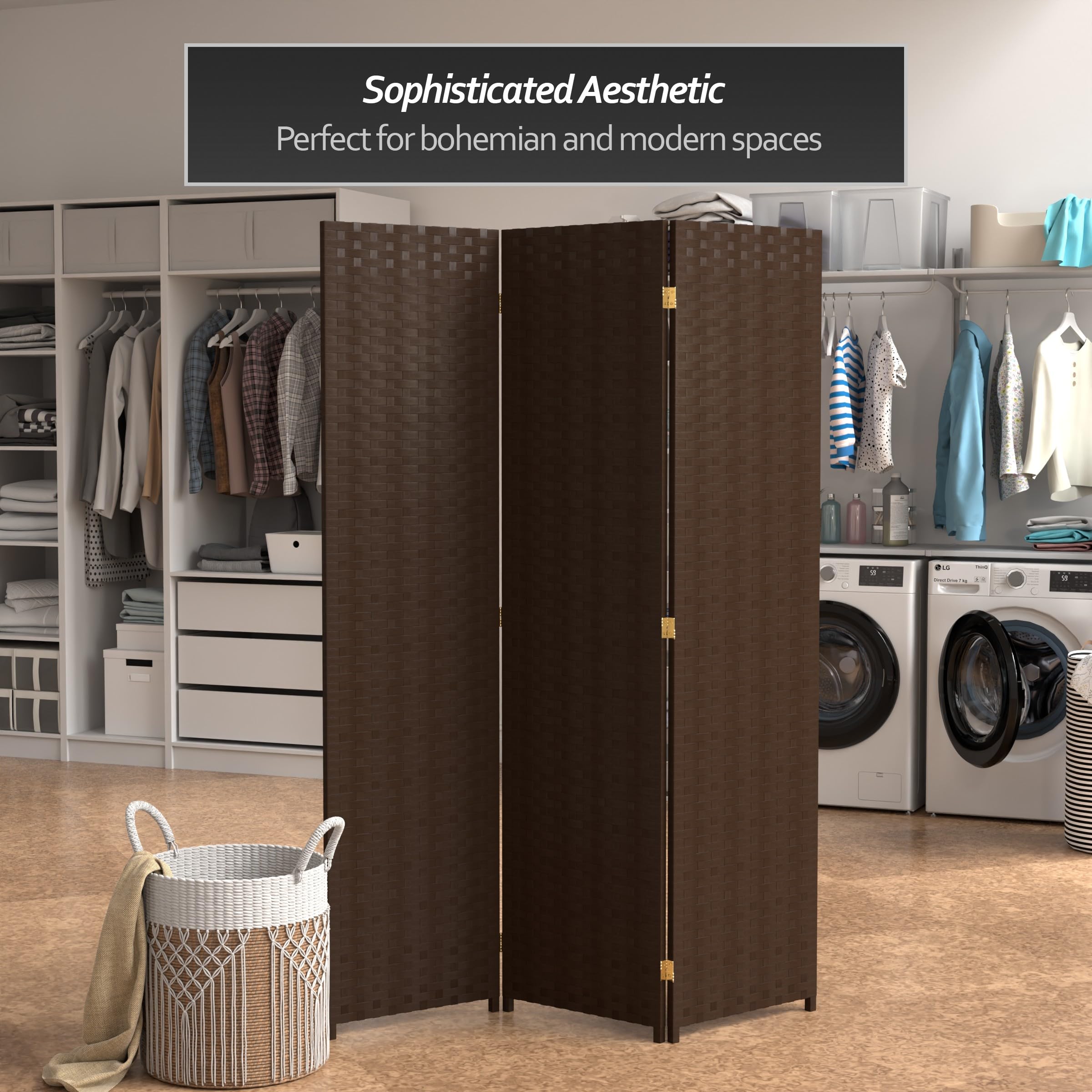 6 ft Tall Red Lantern Woven Fiber Room Divider Screen - 3 Panel Dark Mocha Partition for Living Room, Bedroom & Office Privacy
